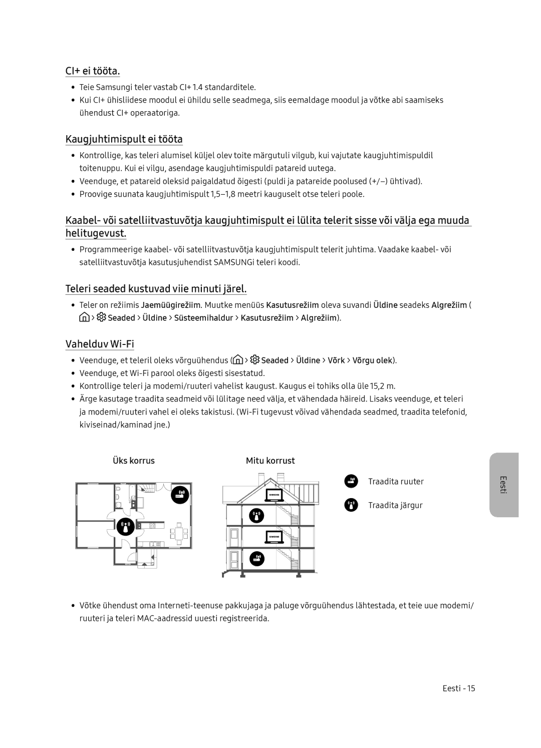 Samsung UE55NU7102KXXH CI+ ei tööta, Kaugjuhtimispult ei tööta, Teleri seaded kustuvad viie minuti järel, Vahelduv Wi-Fi 