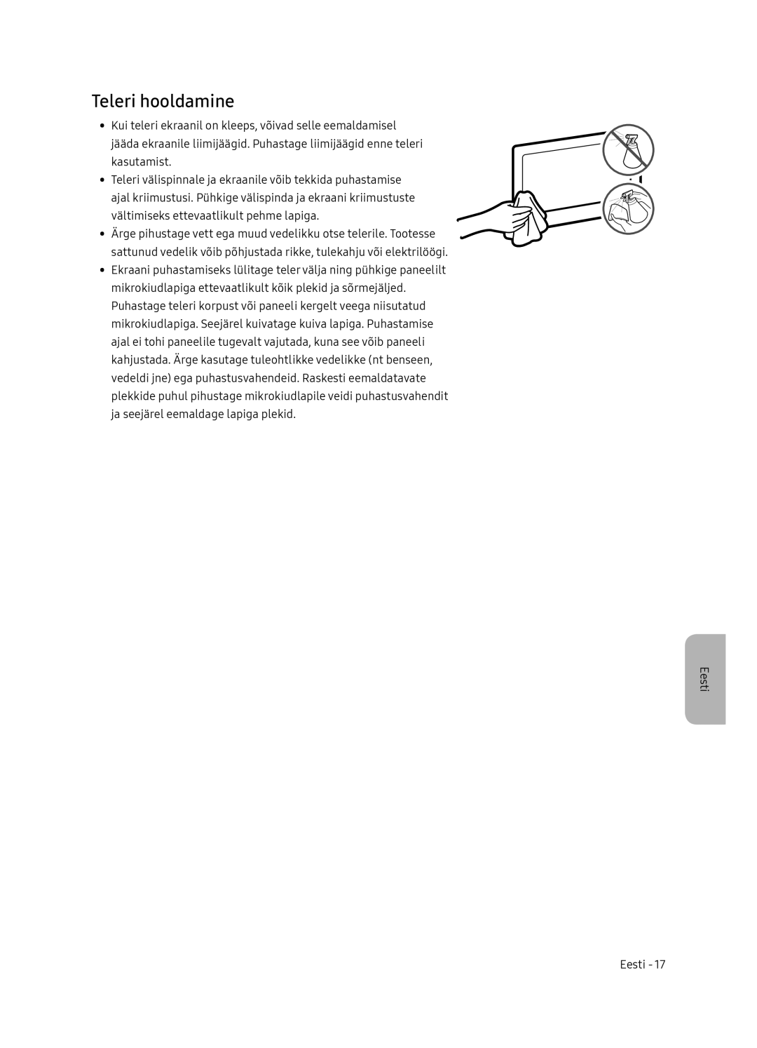 Samsung UE75NU7172UXXH, UE65NU7172UXXH, UE65NU7102KXXH, UE55NU7102KXXH manual Teleri hooldamine 