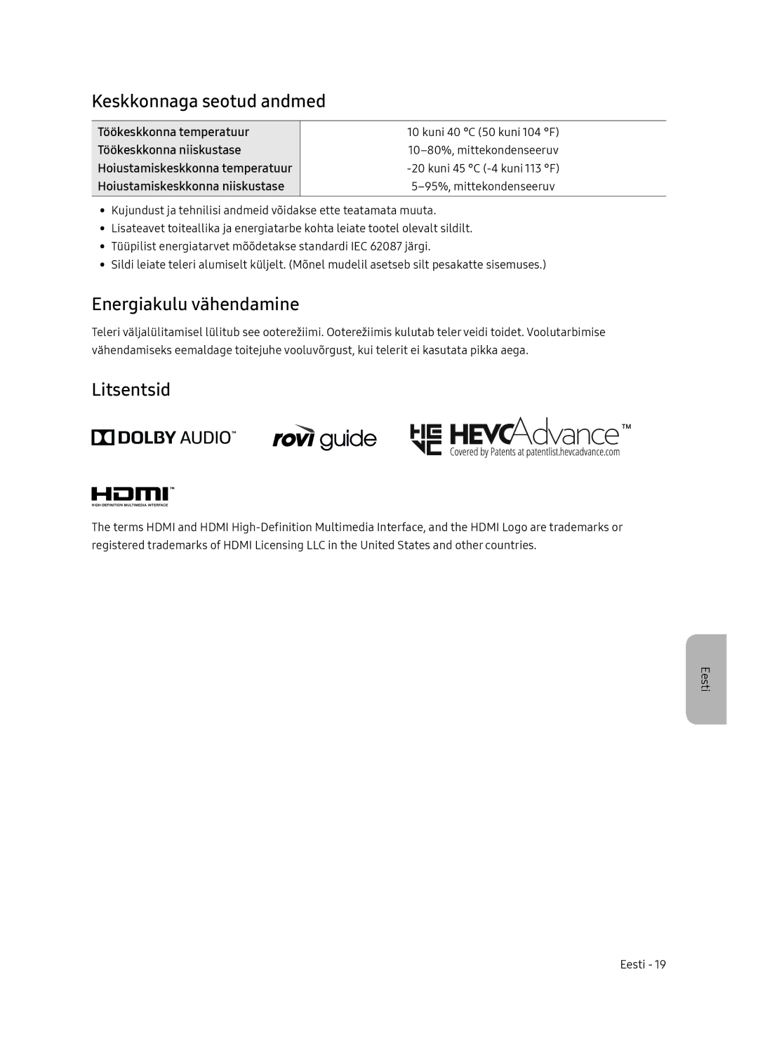 Samsung UE55NU7102KXXH, UE65NU7172UXXH, UE75NU7172UXXH manual Keskkonnaga seotud andmed, Energiakulu vähendamine, Litsentsid 