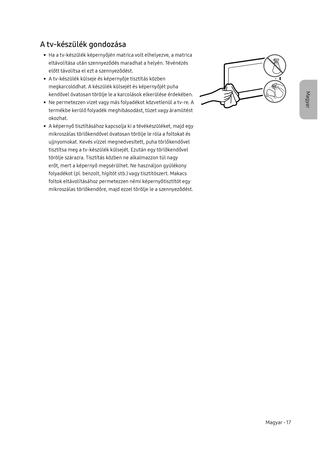 Samsung UE75NU7172UXXH, UE65NU7172UXXH, UE65NU7102KXXH, UE55NU7102KXXH manual Tv-készülék gondozása 