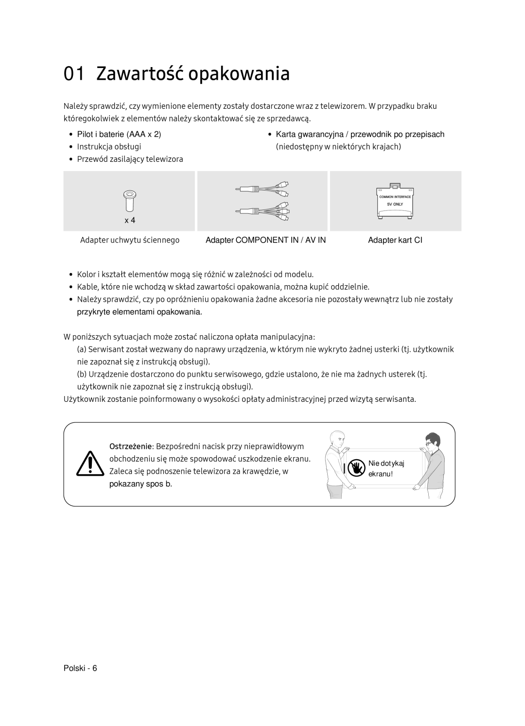 Samsung UE65NU7102KXXH, UE65NU7172UXXH, UE75NU7172UXXH, UE55NU7102KXXH manual Zawartość opakowania 