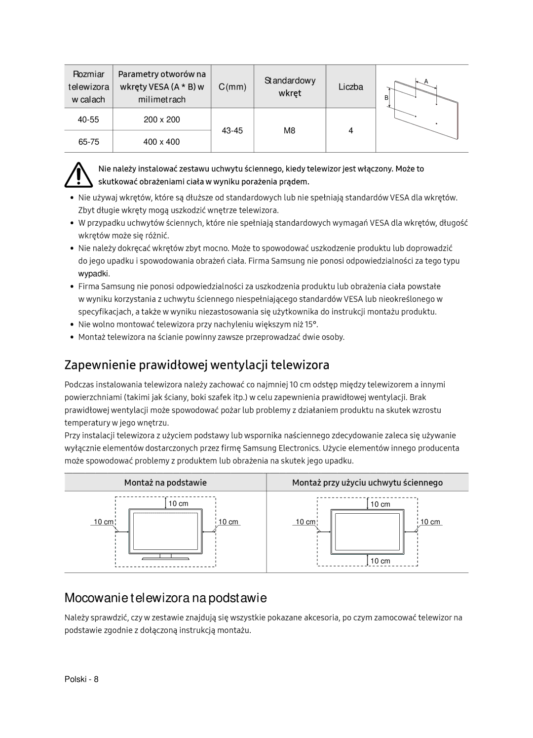 Samsung UE65NU7172UXXH, UE75NU7172UXXH Zapewnienie prawidłowej wentylacji telewizora, Mocowanie telewizora na podstawie 