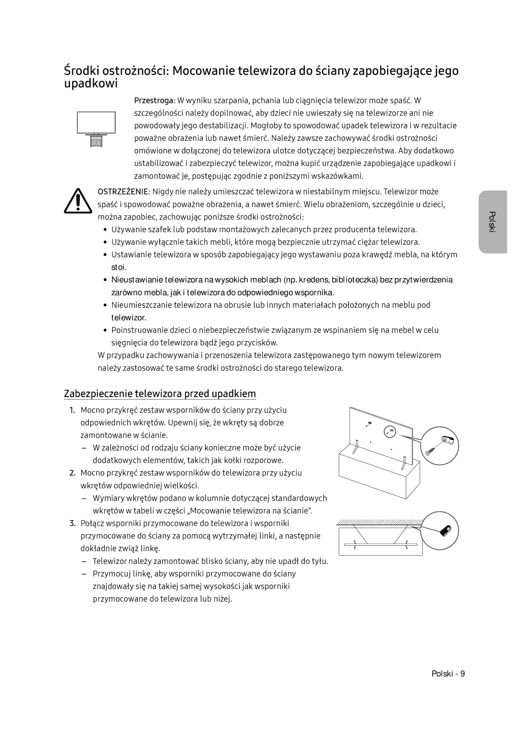 Samsung UE75NU7172UXXH, UE65NU7172UXXH, UE65NU7102KXXH, UE55NU7102KXXH manual Zabezpieczenie telewizora przed upadkiem 