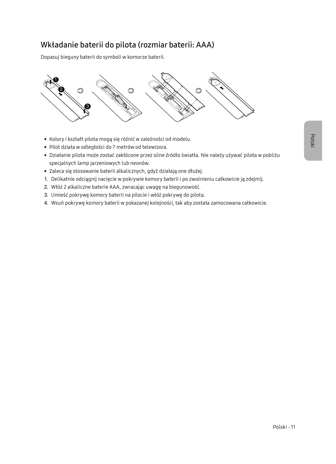 Samsung UE55NU7102KXXH, UE65NU7172UXXH, UE75NU7172UXXH, UE65NU7102KXXH manual Wkładanie baterii do pilota rozmiar baterii AAA 