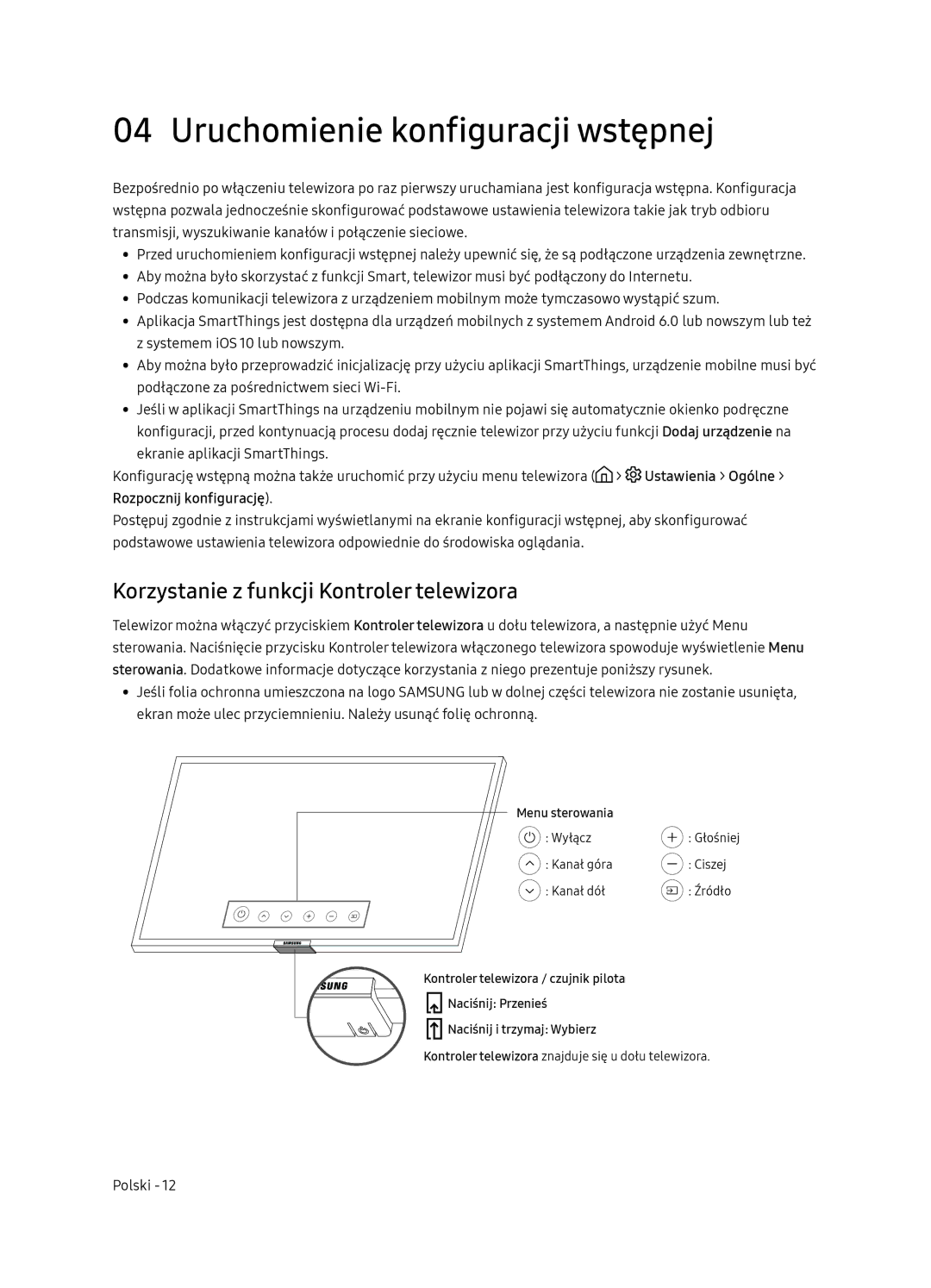 Samsung UE65NU7172UXXH, UE75NU7172UXXH manual Uruchomienie konfiguracji wstępnej, Korzystanie z funkcji Kontroler telewizora 