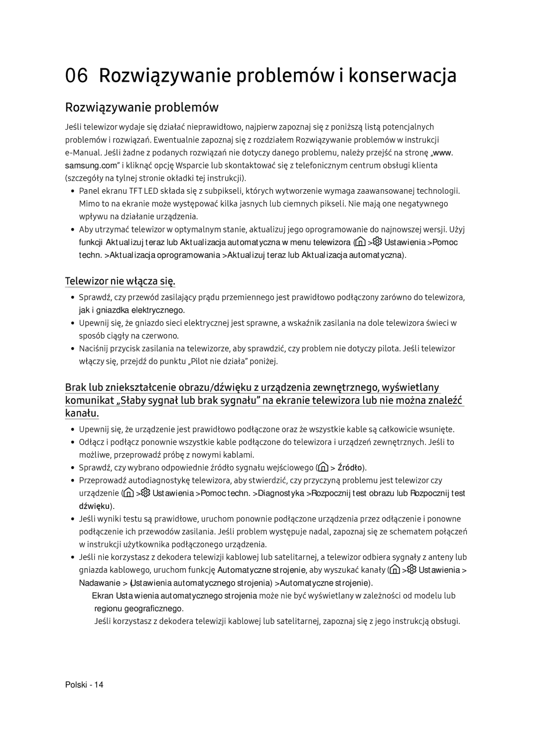 Samsung UE65NU7102KXXH, UE65NU7172UXXH, UE75NU7172UXXH manual Rozwiązywanie problemów i konserwacja, Telewizor nie włącza się 