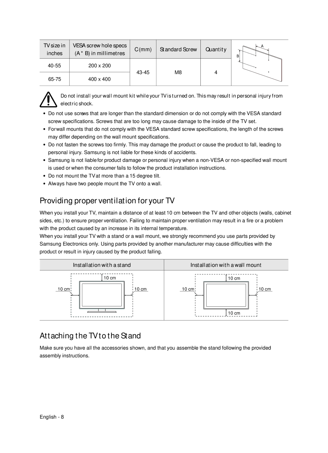 Samsung UE65NU7172UXXH, UE75NU7172UXXH Providing proper ventilation for your TV, Attaching the TV to the Stand, Quantity 