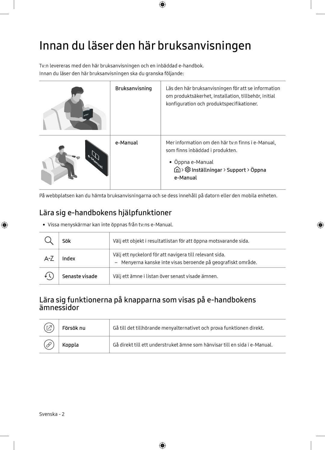 Samsung UE65NU7175UXXC, UE65NU7105KXXC manual Innan du läser den här bruksanvisningen, Lära sig e-handbokens hjälpfunktioner 