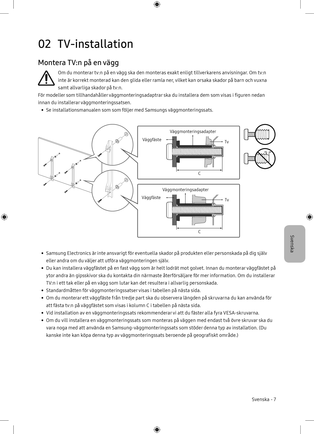 Samsung UE65NU7105KXXC, UE65NU7175UXXC manual TV-installation, Montera TVn på en vägg 