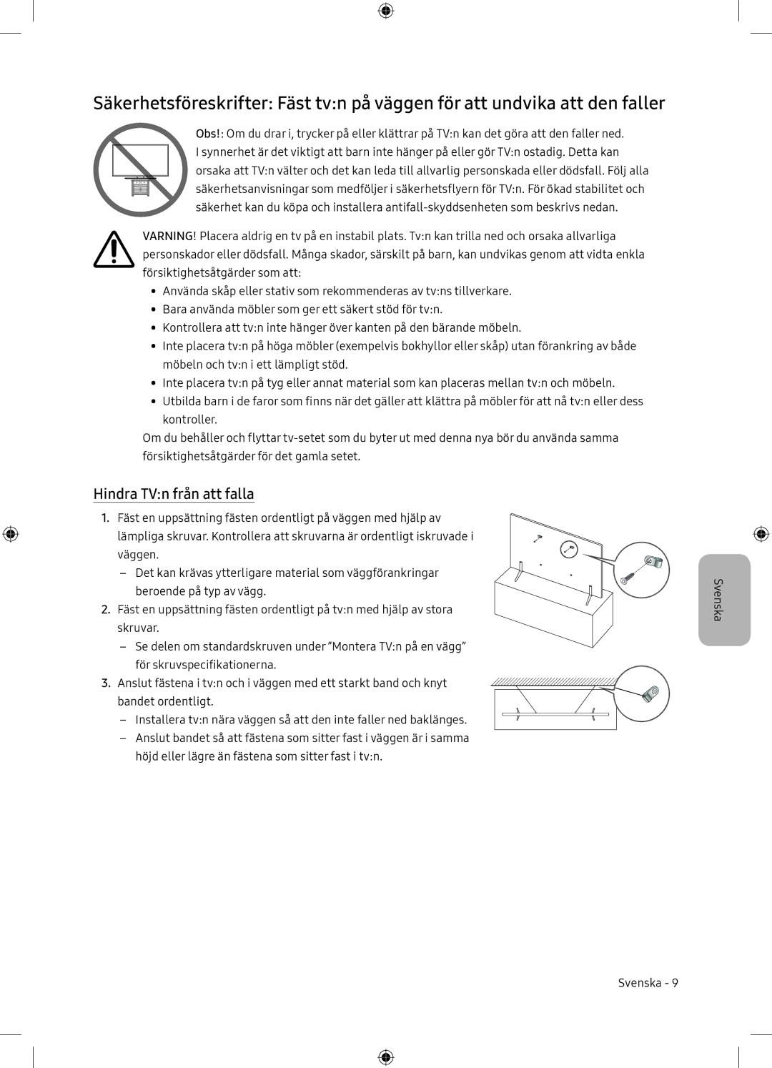 Samsung UE65NU7105KXXC, UE65NU7175UXXC manual Hindra TVn från att falla 