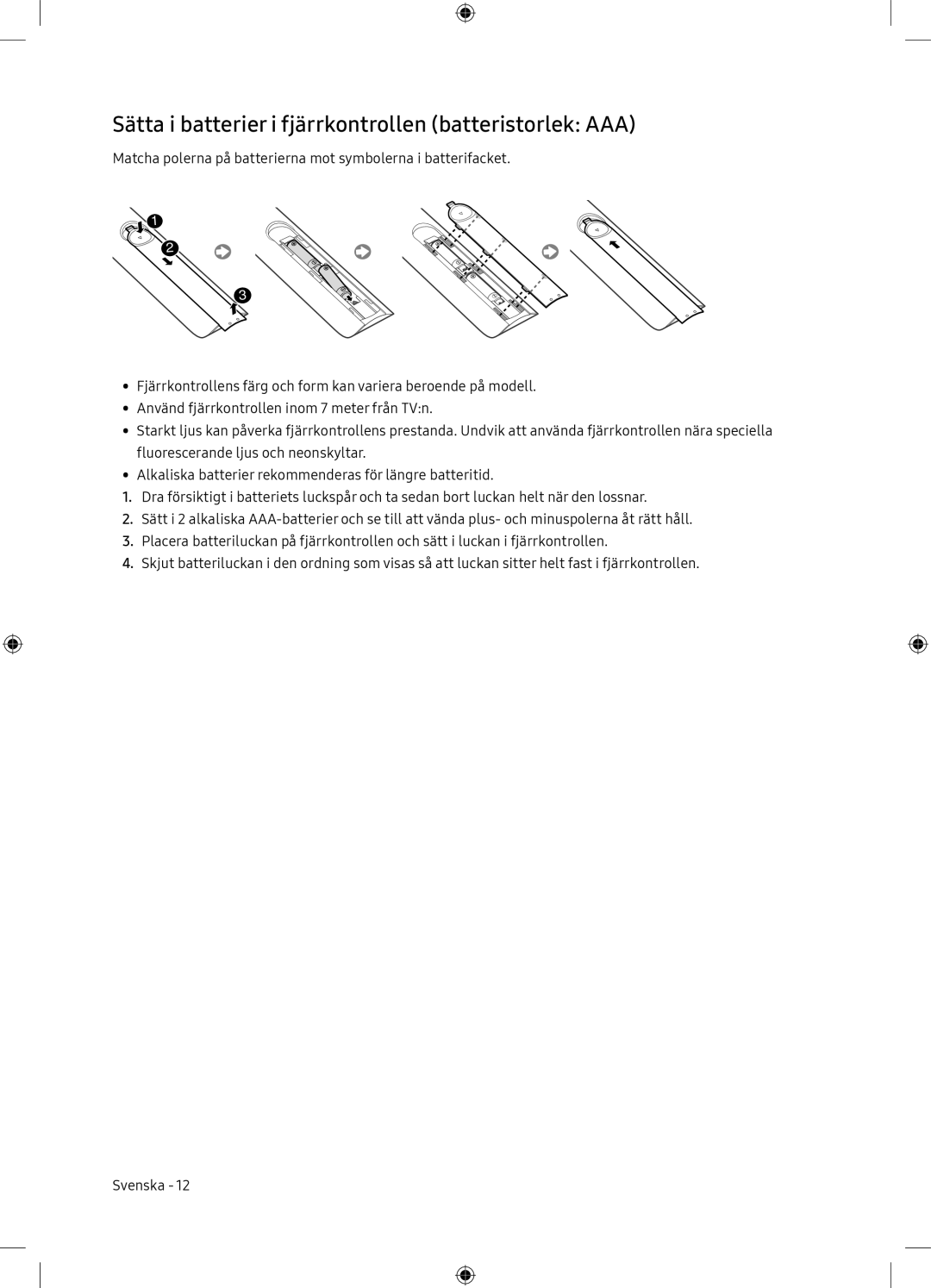 Samsung UE65NU7175UXXC, UE65NU7105KXXC manual Sätta i batterier i fjärrkontrollen batteristorlek AAA 