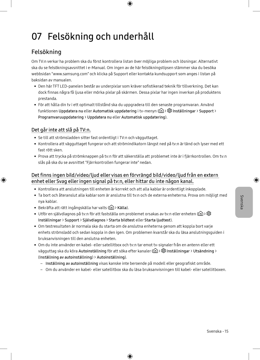 Samsung UE65NU7105KXXC, UE65NU7175UXXC manual Felsökning och underhåll, Det går inte att slå på TVn 