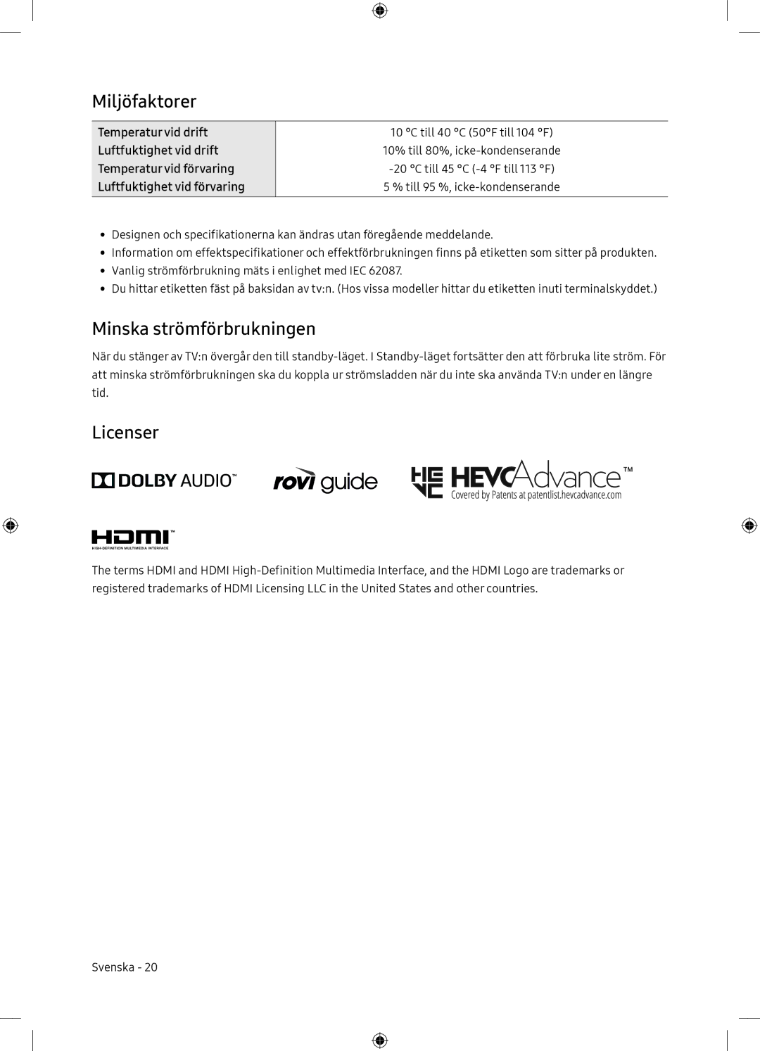 Samsung UE65NU7175UXXC, UE65NU7105KXXC manual Miljöfaktorer, Minska strömförbrukningen, Licenser 