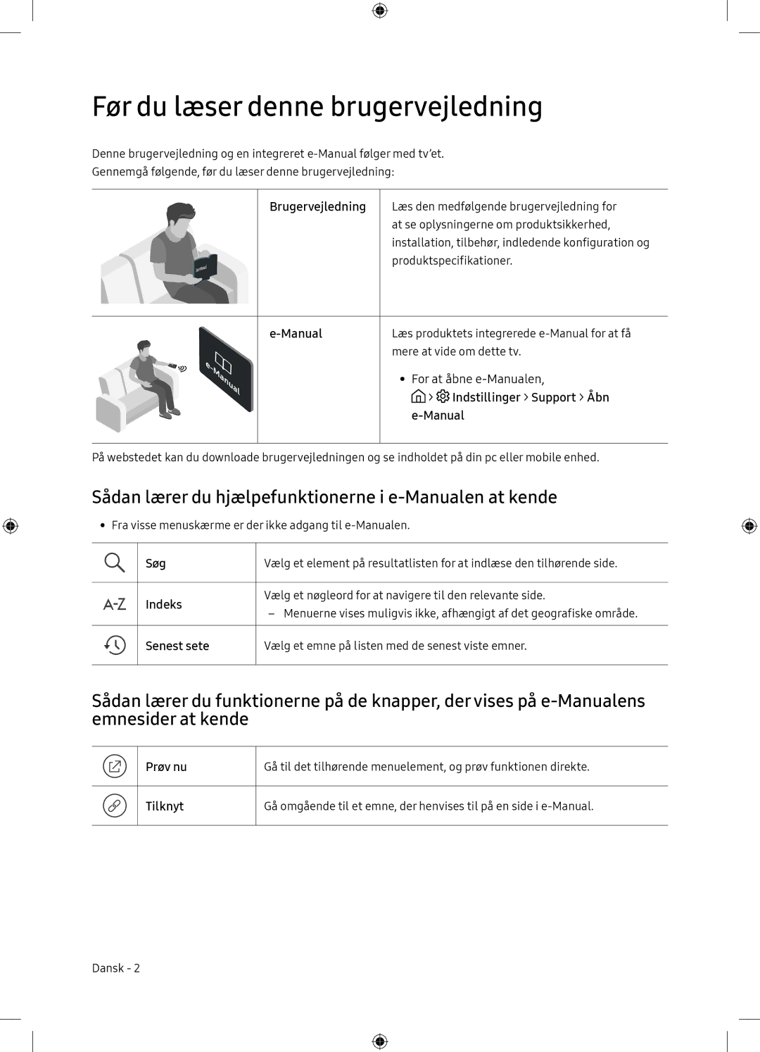 Samsung UE65NU7175UXXC manual Før du læser denne brugervejledning, Sådan lærer du hjælpefunktionerne i e-Manualen at kende 