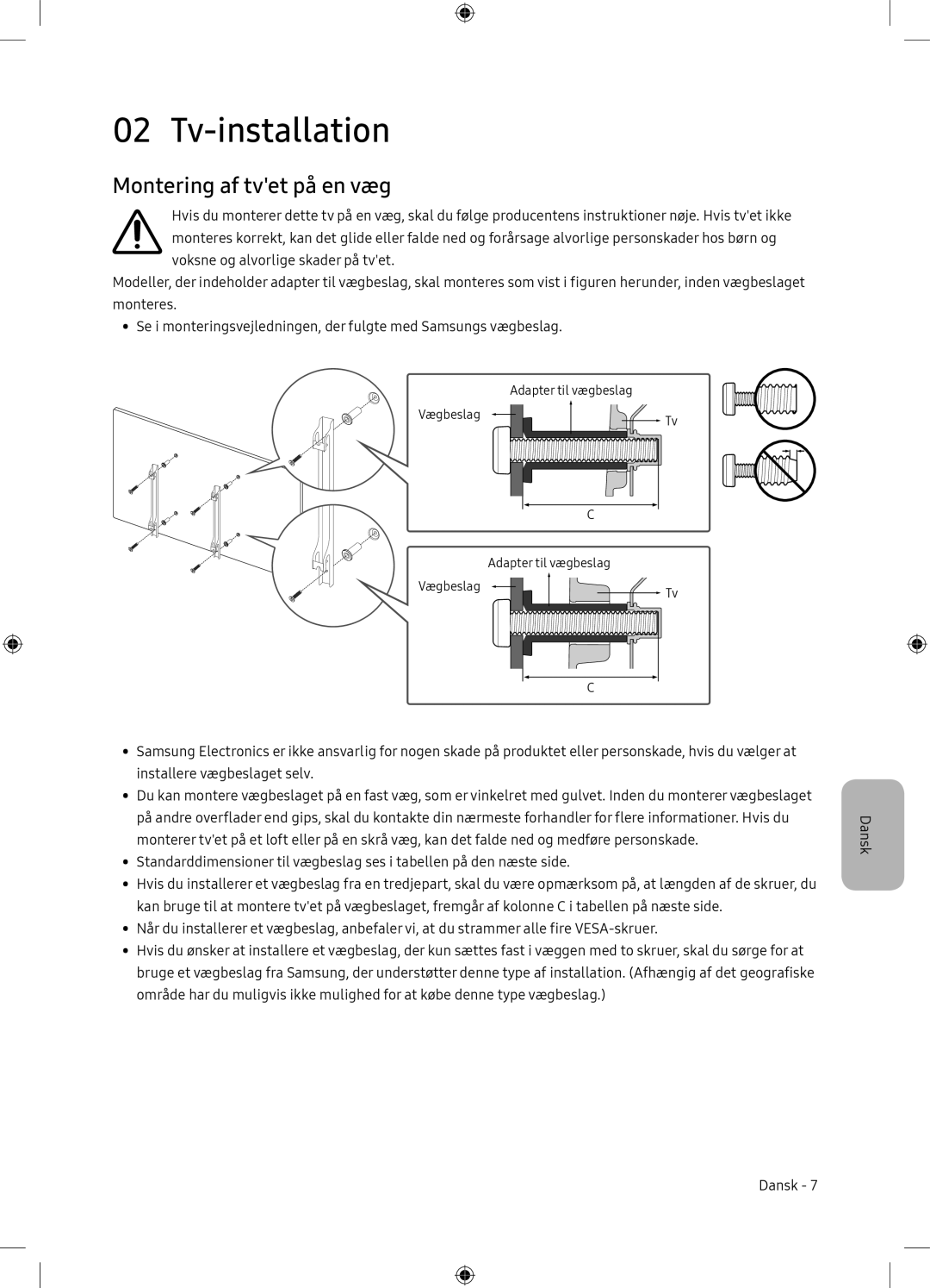 Samsung UE65NU7105KXXC, UE65NU7175UXXC manual Tv-installation, Montering af tvet på en væg 