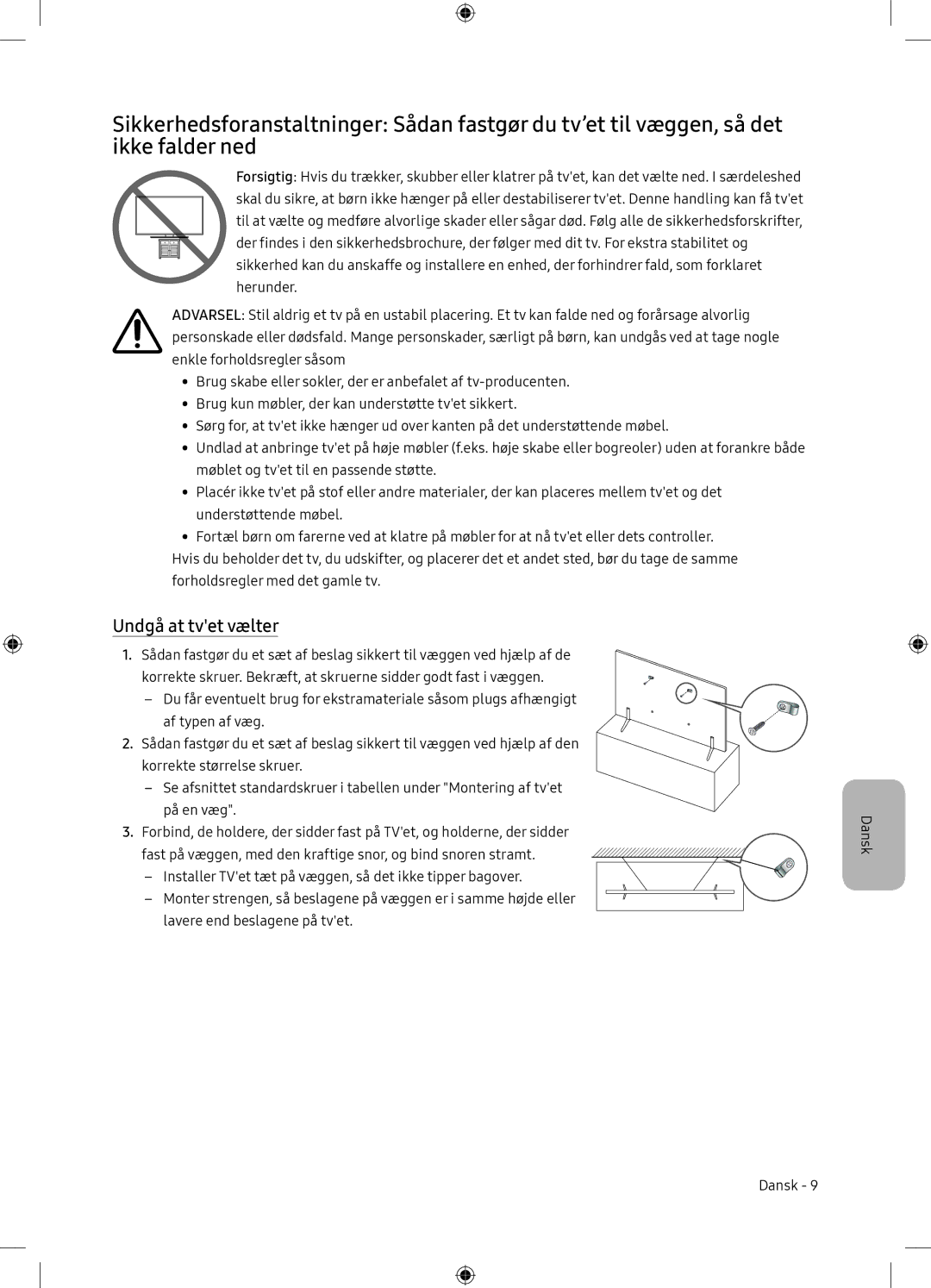 Samsung UE65NU7105KXXC, UE65NU7175UXXC manual Undgå at tvet vælter 