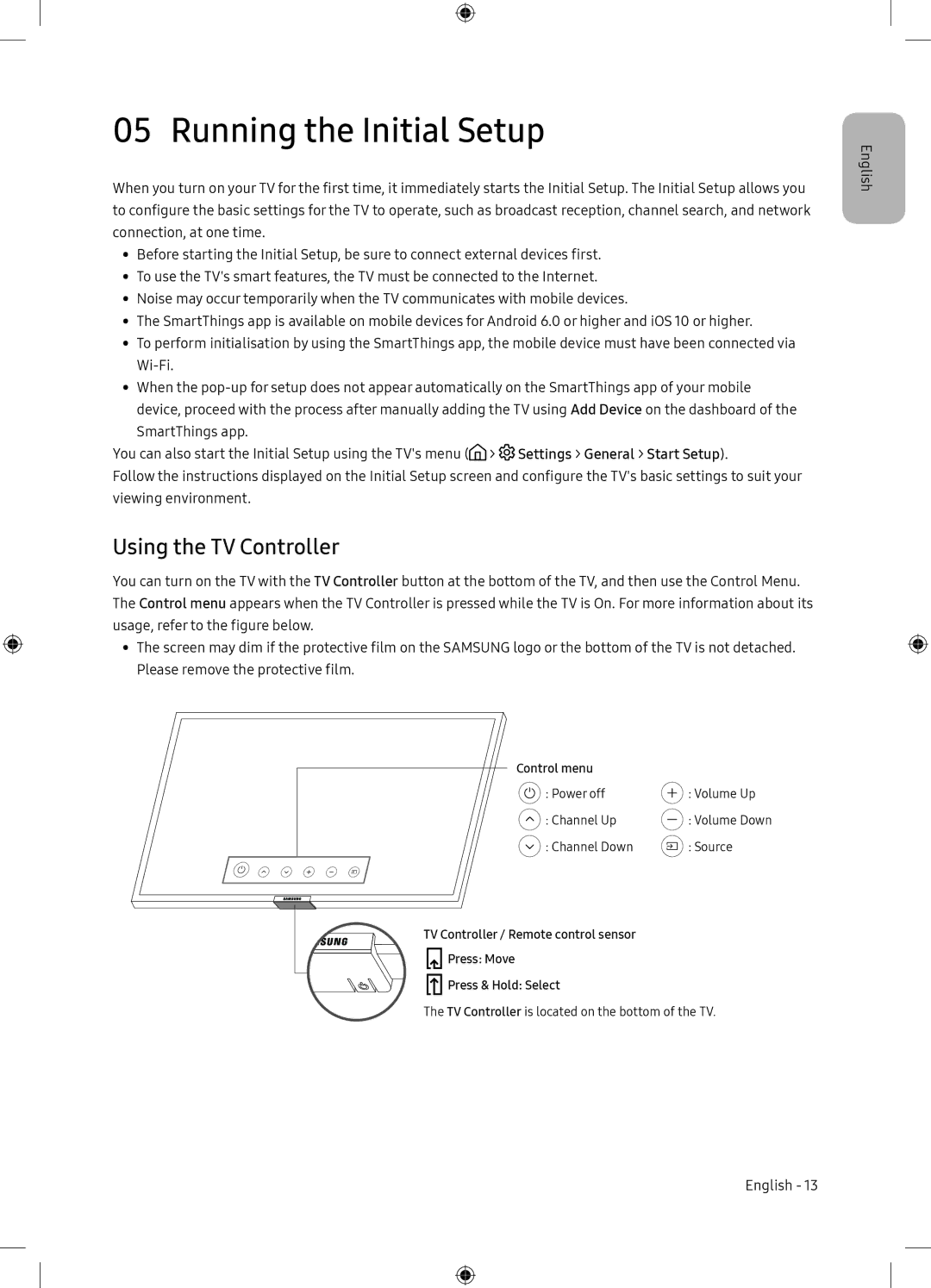 Samsung UE65NU7105KXXC, UE65NU7175UXXC manual Running the Initial Setup, Using the TV Controller 