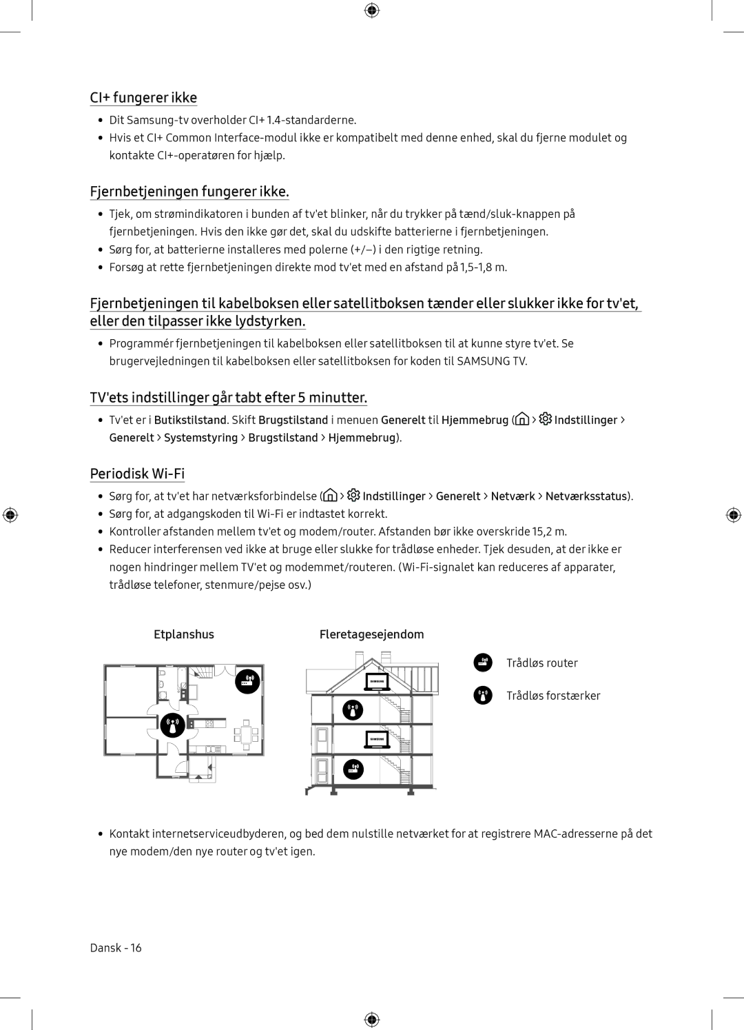 Samsung UE65NU7175UXXC CI+ fungerer ikke, Fjernbetjeningen fungerer ikke, TVets indstillinger går tabt efter 5 minutter 