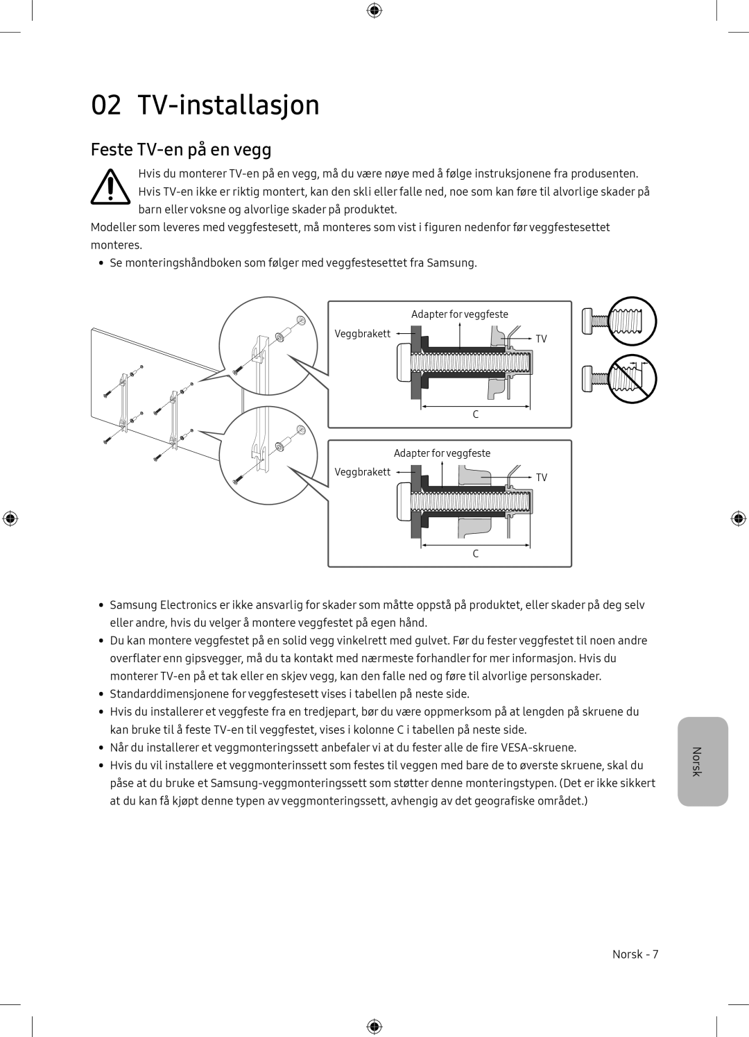 Samsung UE65NU7105KXXC, UE65NU7175UXXC manual TV-installasjon, Feste TV-en på en vegg 