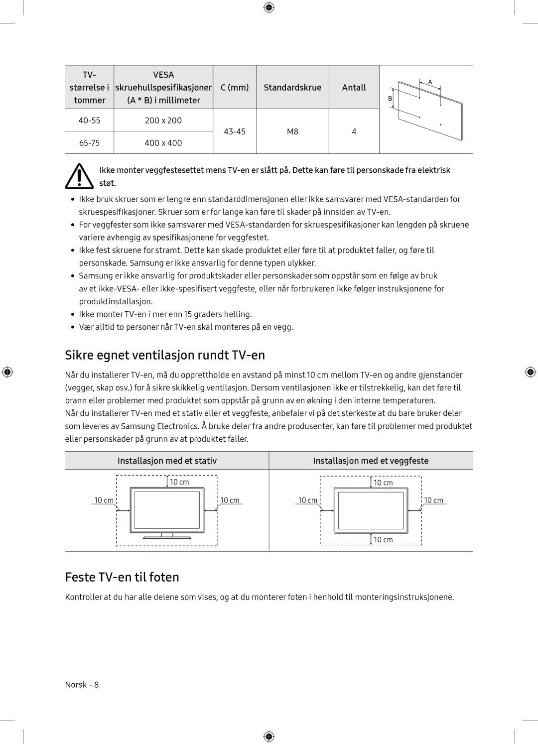 Samsung UE65NU7175UXXC, UE65NU7105KXXC manual Sikre egnet ventilasjon rundt TV-en, Feste TV-en til foten, Antall 