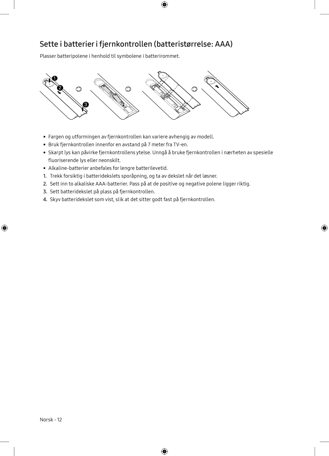 Samsung UE65NU7175UXXC, UE65NU7105KXXC manual Sette i batterier i fjernkontrollen batteristørrelse AAA 