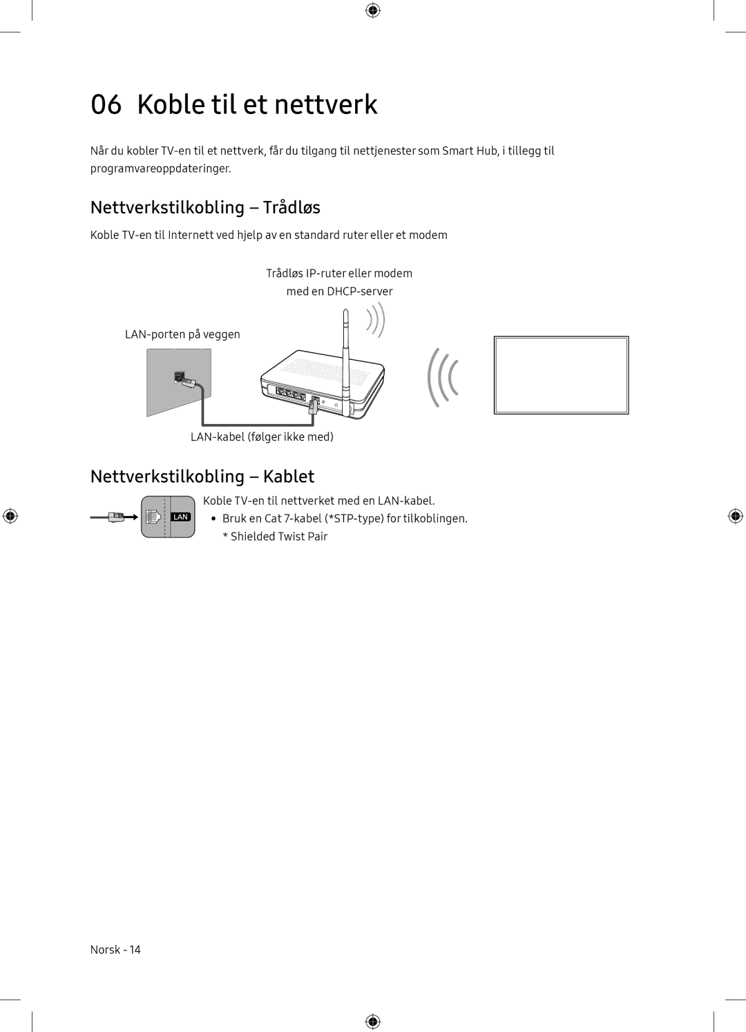 Samsung UE65NU7175UXXC, UE65NU7105KXXC manual Koble til et nettverk, Nettverkstilkobling Trådløs, Nettverkstilkobling Kablet 