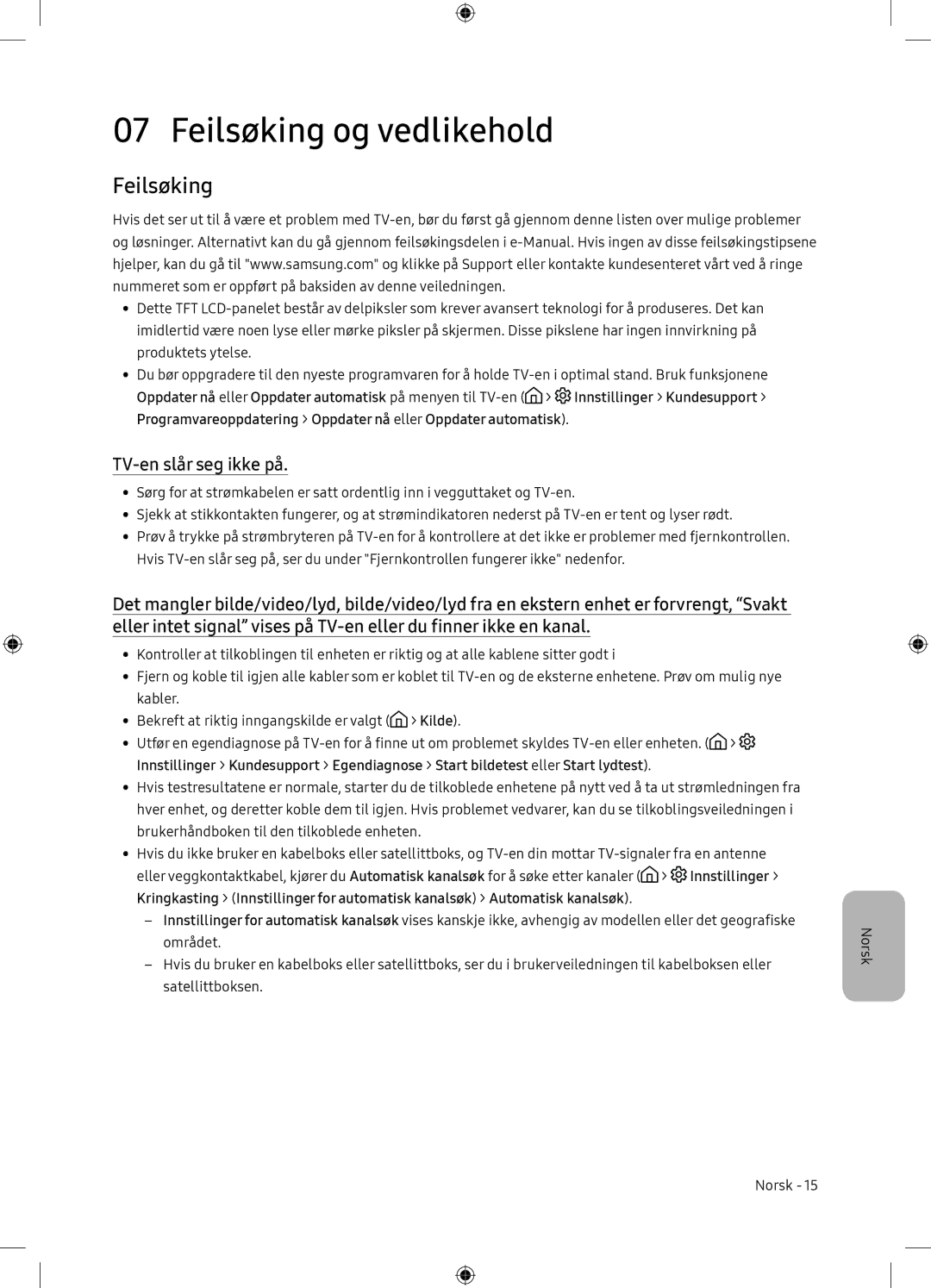 Samsung UE65NU7105KXXC, UE65NU7175UXXC manual Feilsøking og vedlikehold, TV-en slår seg ikke på 