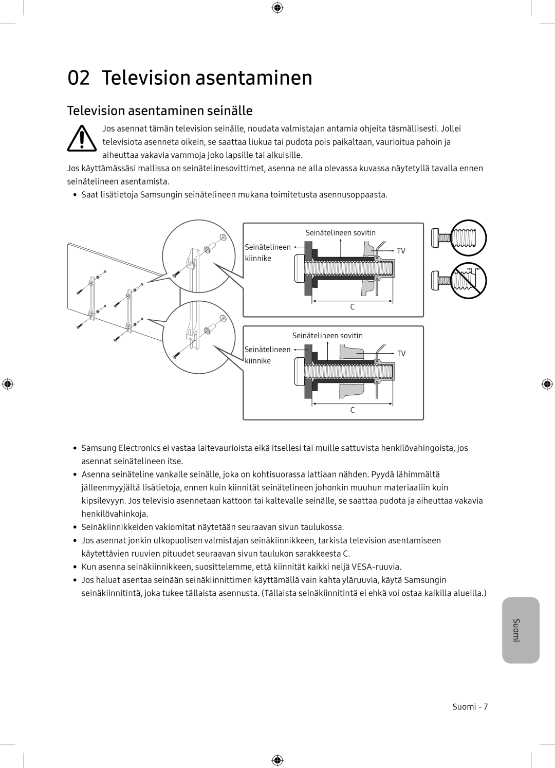 Samsung UE65NU7105KXXC, UE65NU7175UXXC manual Television asentaminen seinälle 