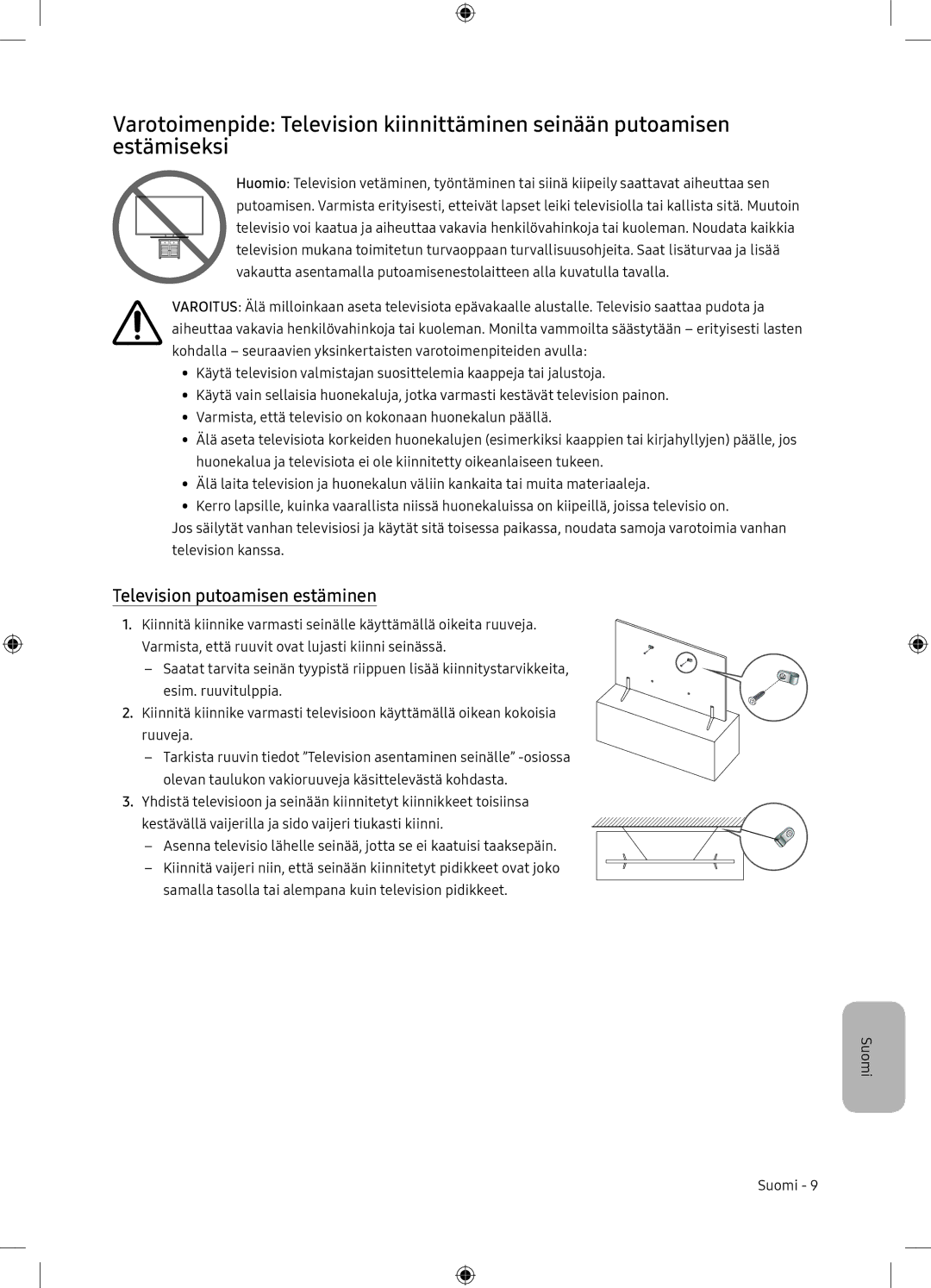 Samsung UE65NU7105KXXC, UE65NU7175UXXC manual Television putoamisen estäminen 