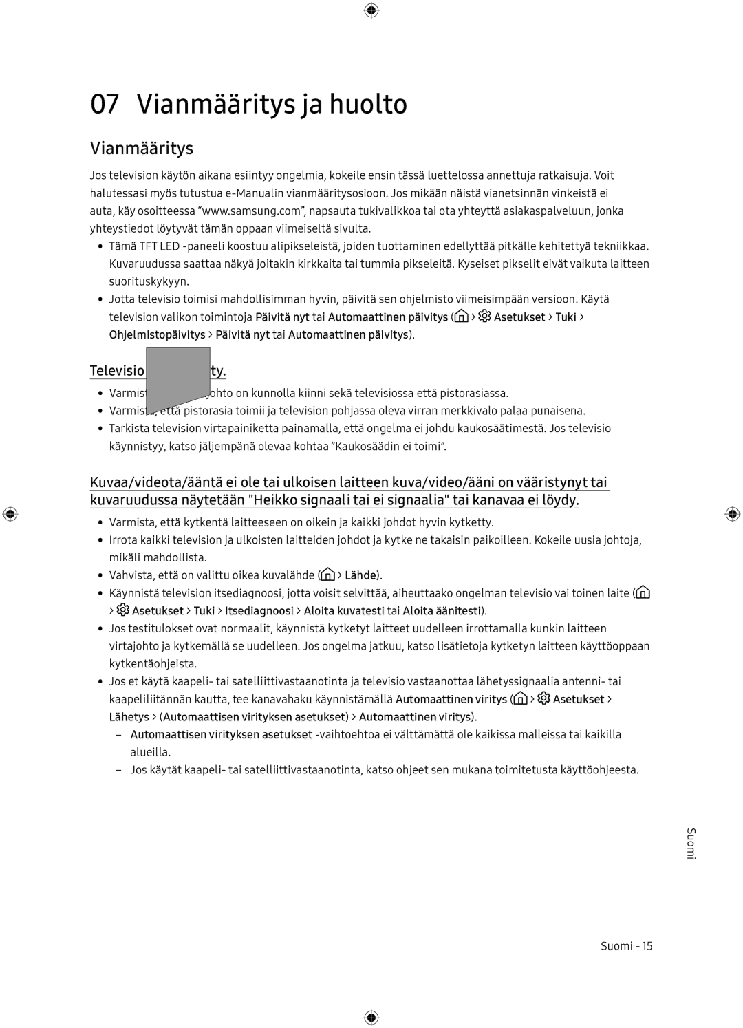 Samsung UE65NU7105KXXC, UE65NU7175UXXC manual Vianmääritys ja huolto, Televisio ei käynnisty 