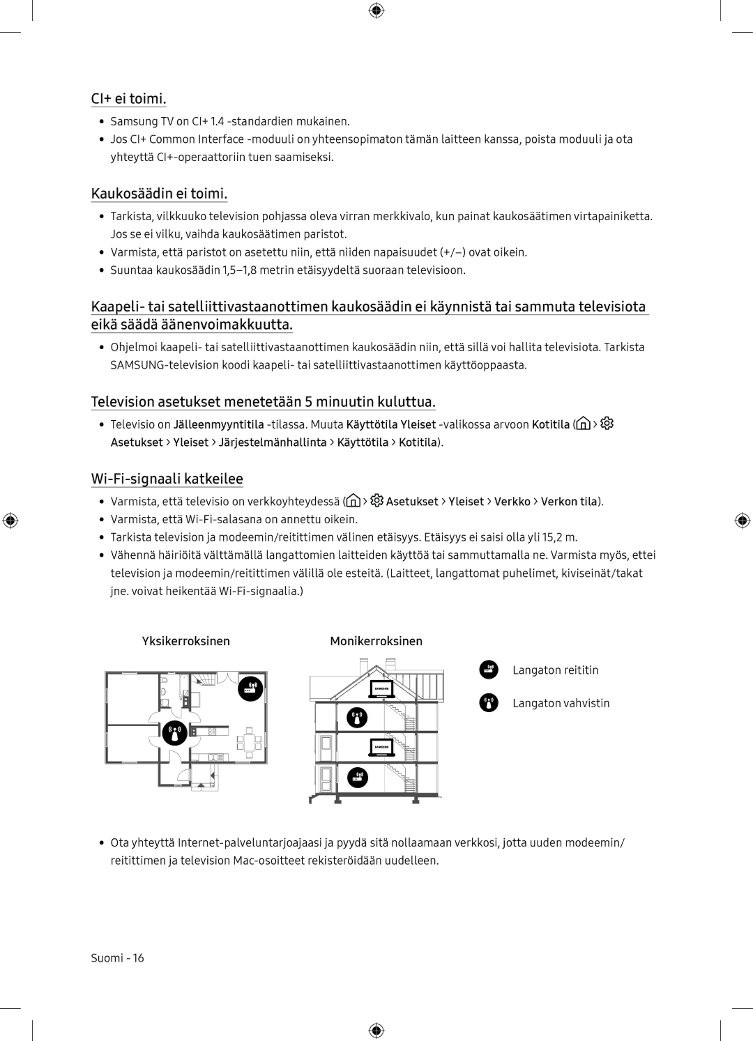 Samsung UE65NU7175UXXC manual CI+ ei toimi, Kaukosäädin ei toimi, Television asetukset menetetään 5 minuutin kuluttua 