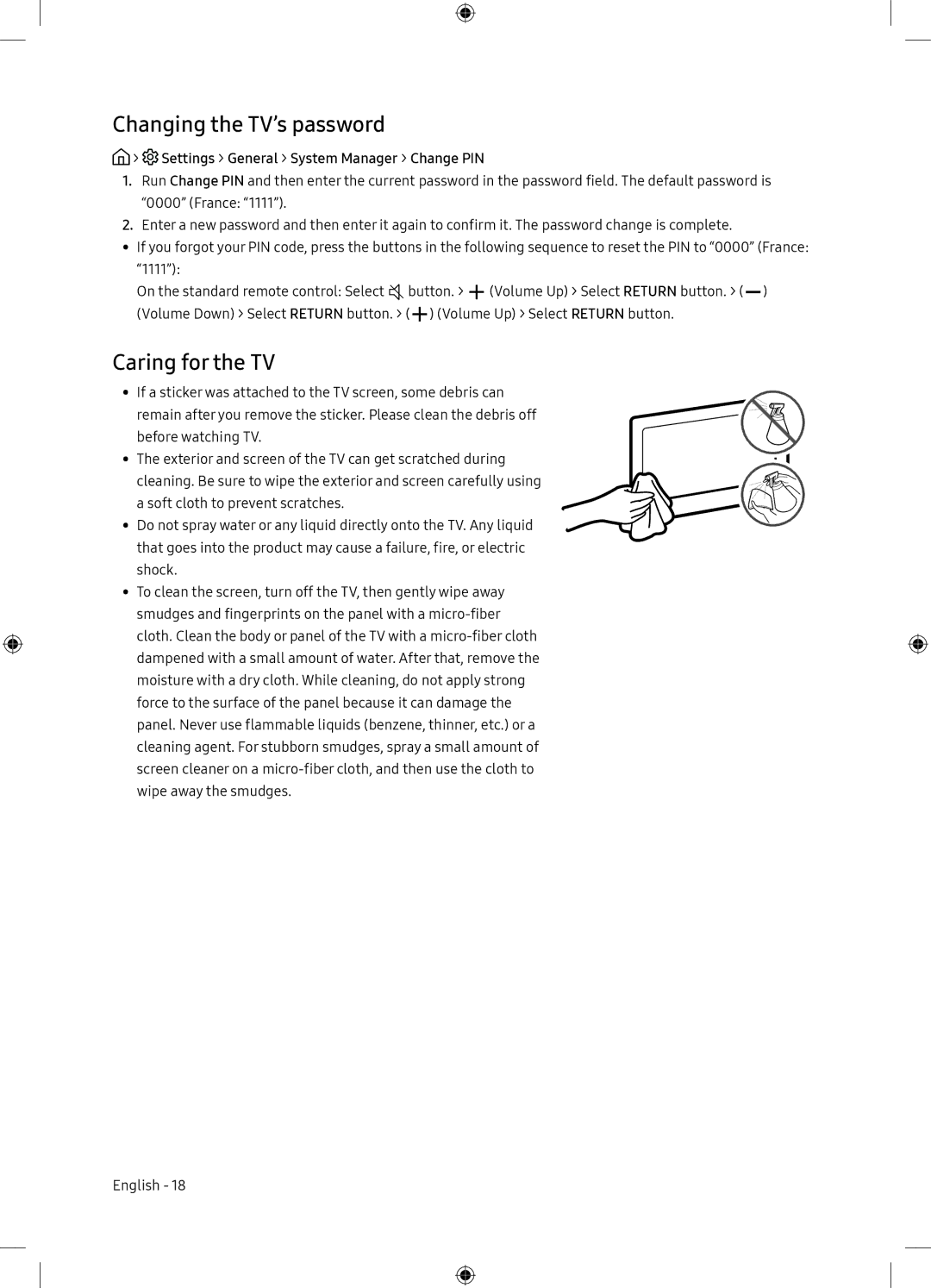 Samsung UE65NU7175UXXC manual Changing the TV’s password, Caring for the TV, Settings General System Manager Change PIN 