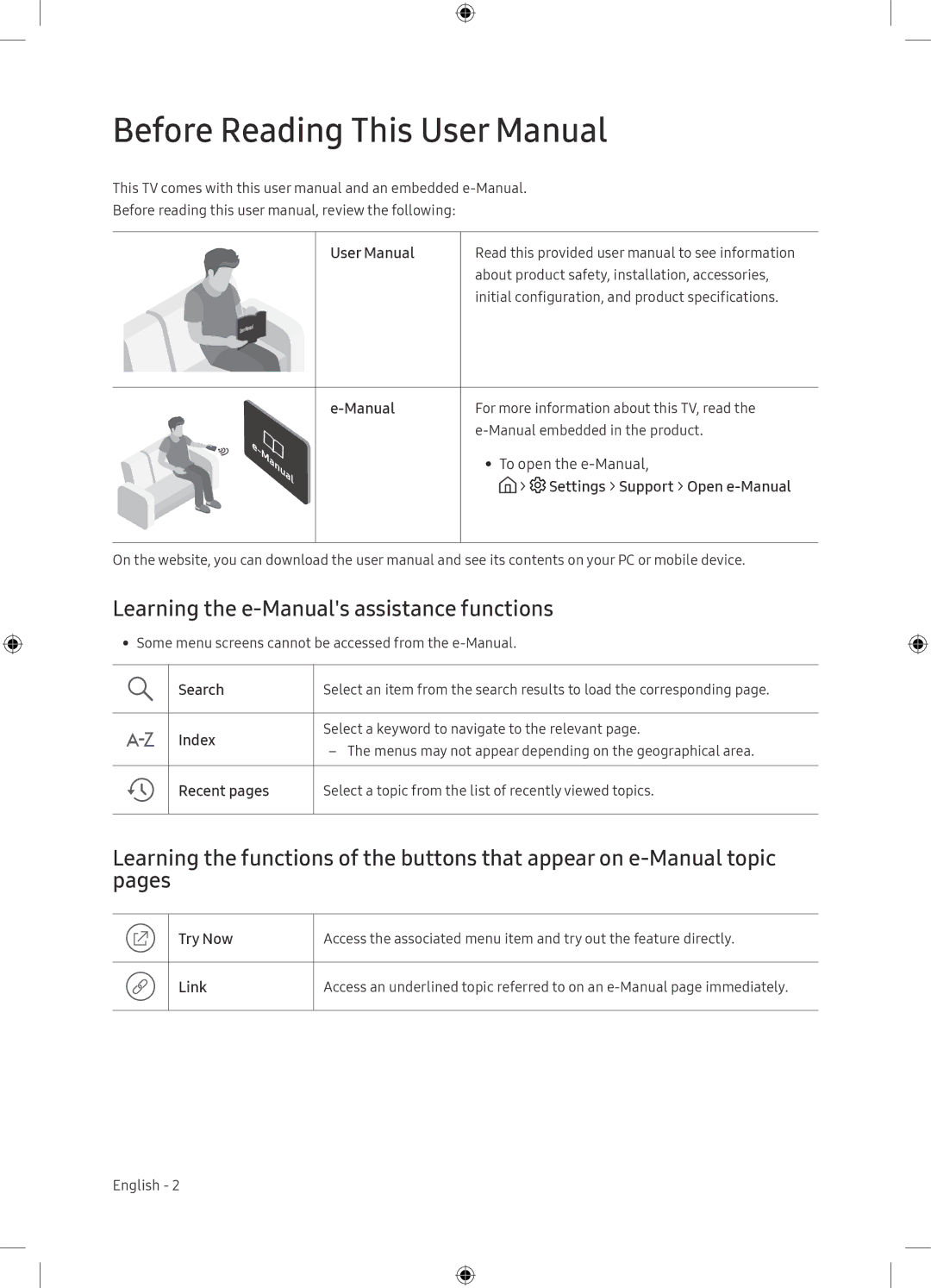 Samsung UE65NU7175UXXC, UE65NU7105KXXC manual Learning the e-Manuals assistance functions 