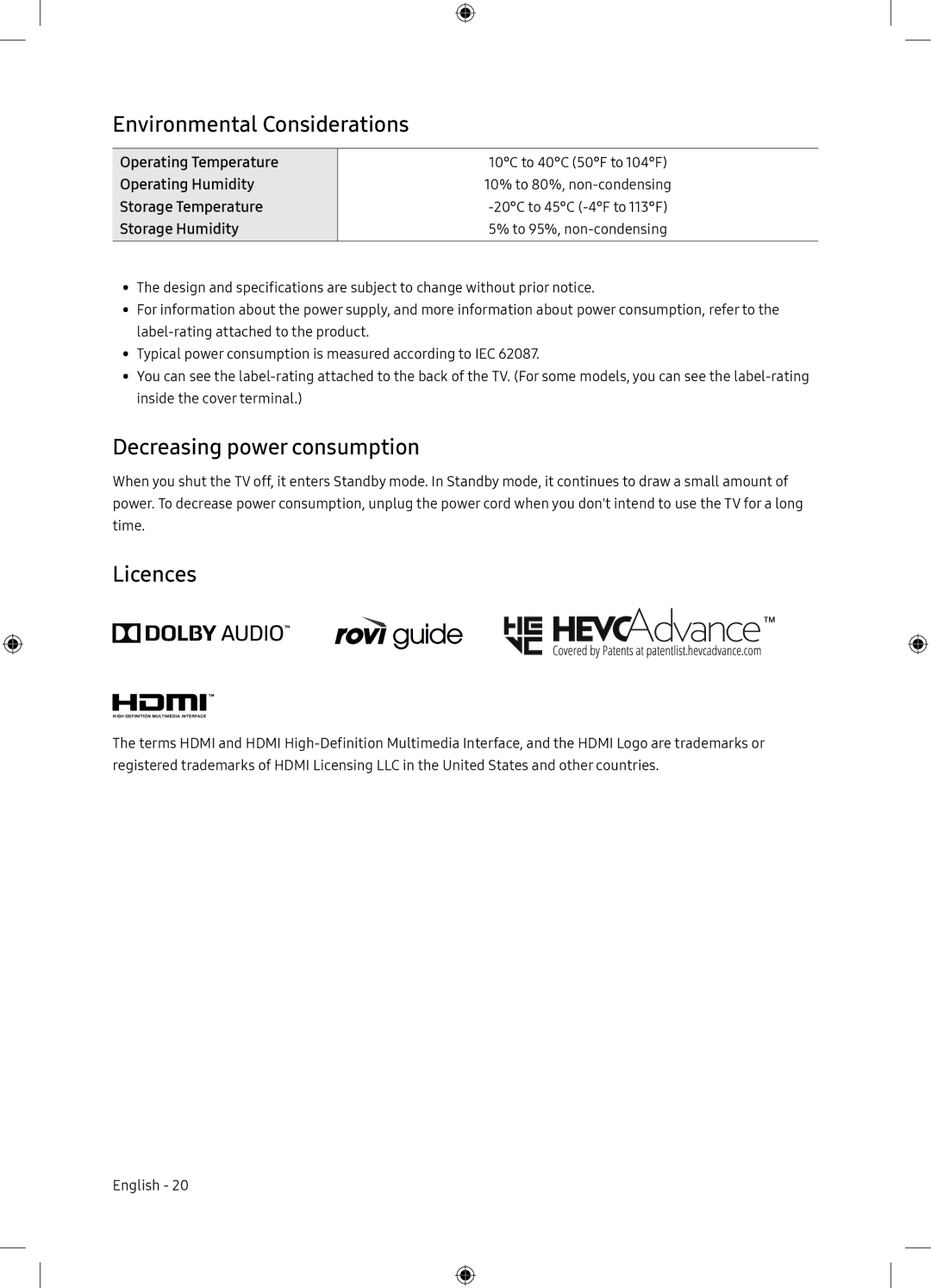 Samsung UE65NU7175UXXC, UE65NU7105KXXC manual Environmental Considerations, Decreasing power consumption, Licences 