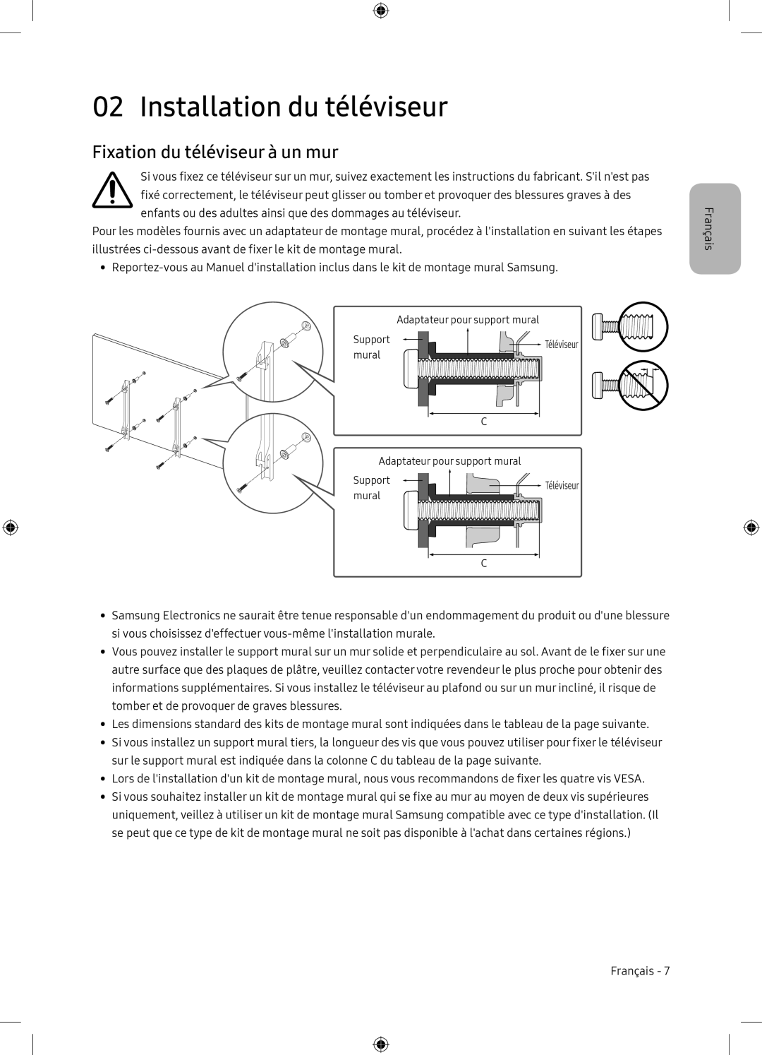 Samsung UE65NU7105KXXC, UE65NU7175UXXC manual Installation du téléviseur, Fixation du téléviseur à un mur 