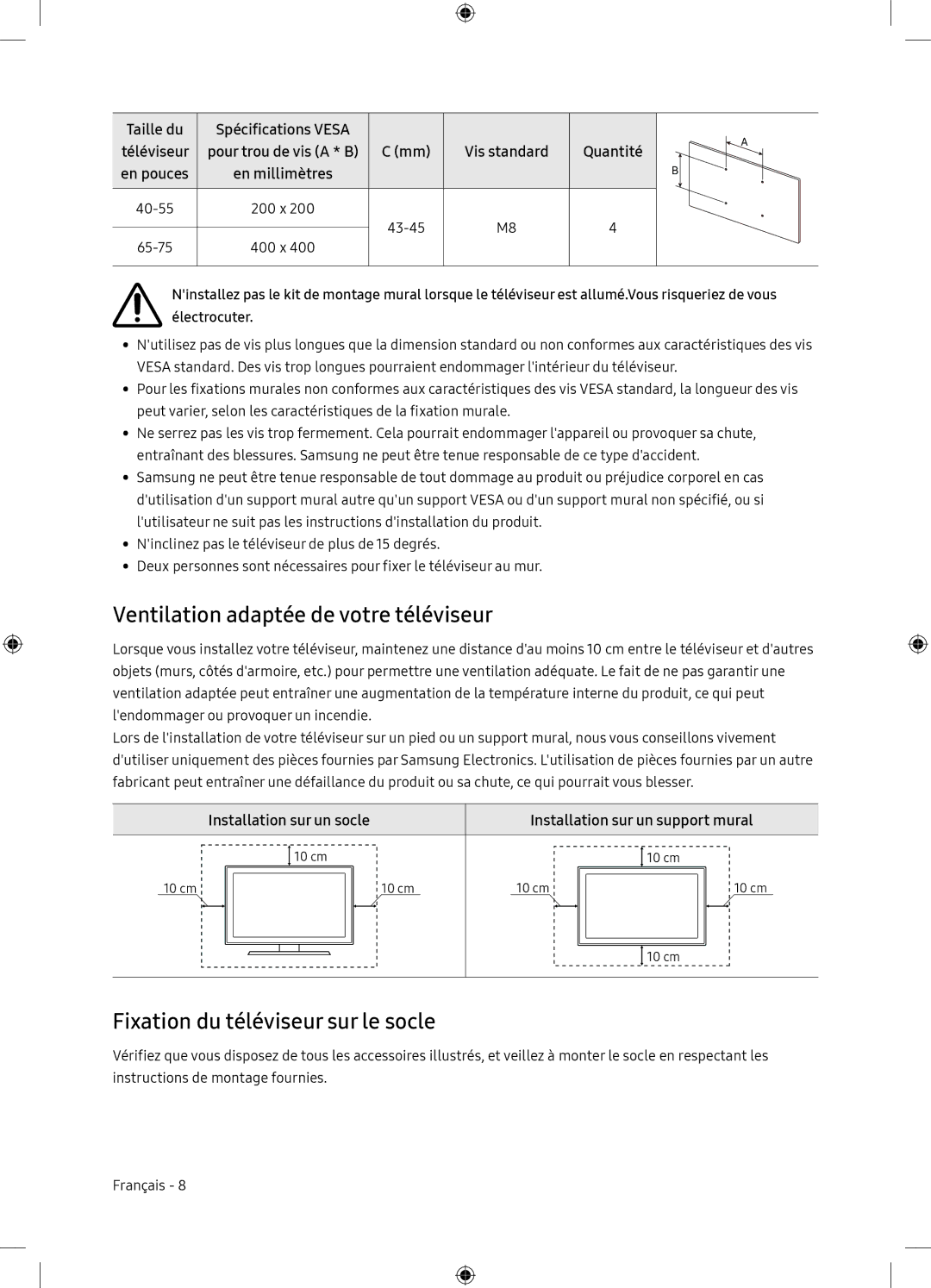 Samsung UE65NU7175UXXC, UE65NU7105KXXC manual Ventilation adaptée de votre téléviseur, Fixation du téléviseur sur le socle 