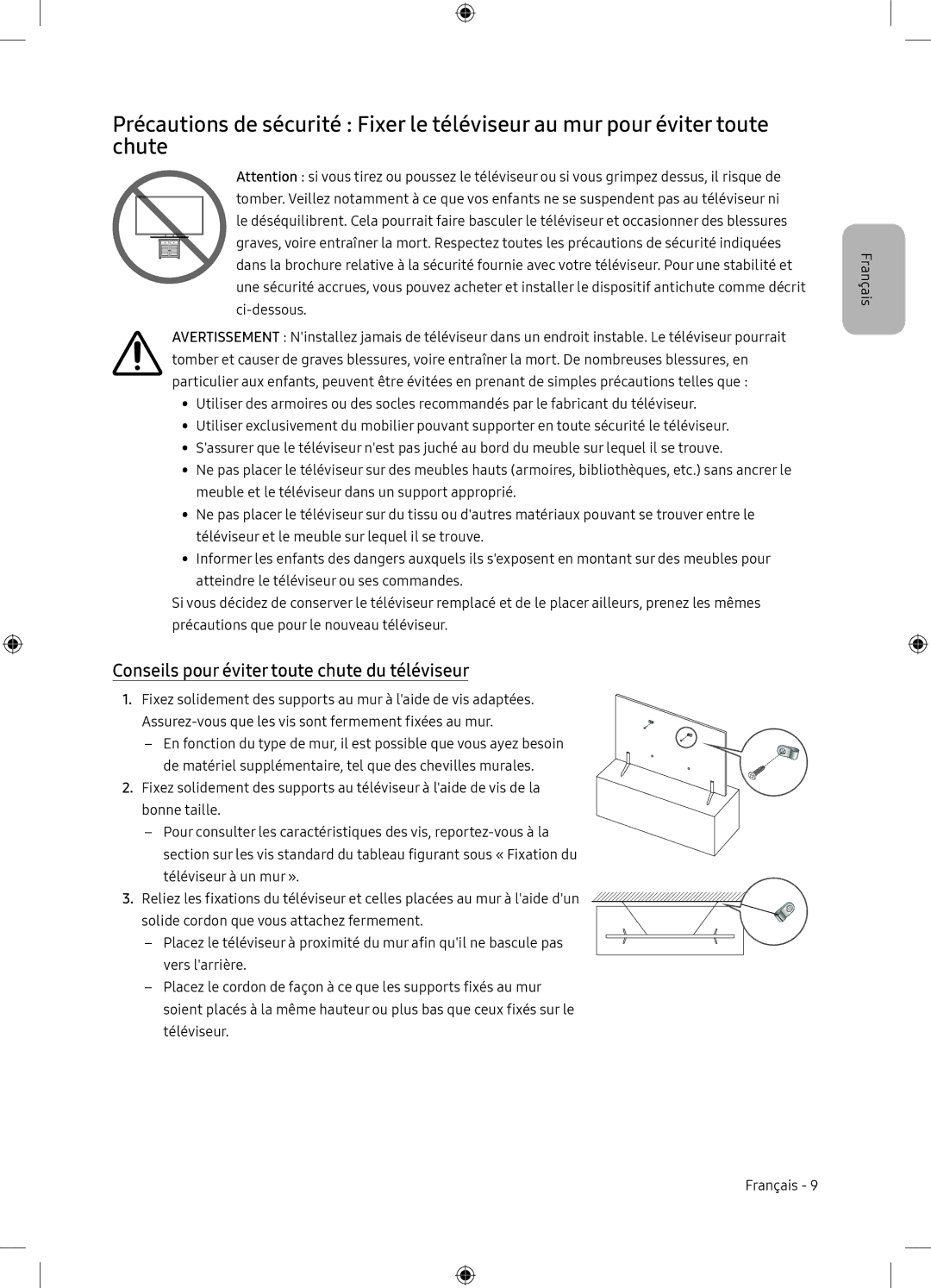 Samsung UE65NU7105KXXC, UE65NU7175UXXC manual Conseils pour éviter toute chute du téléviseur 