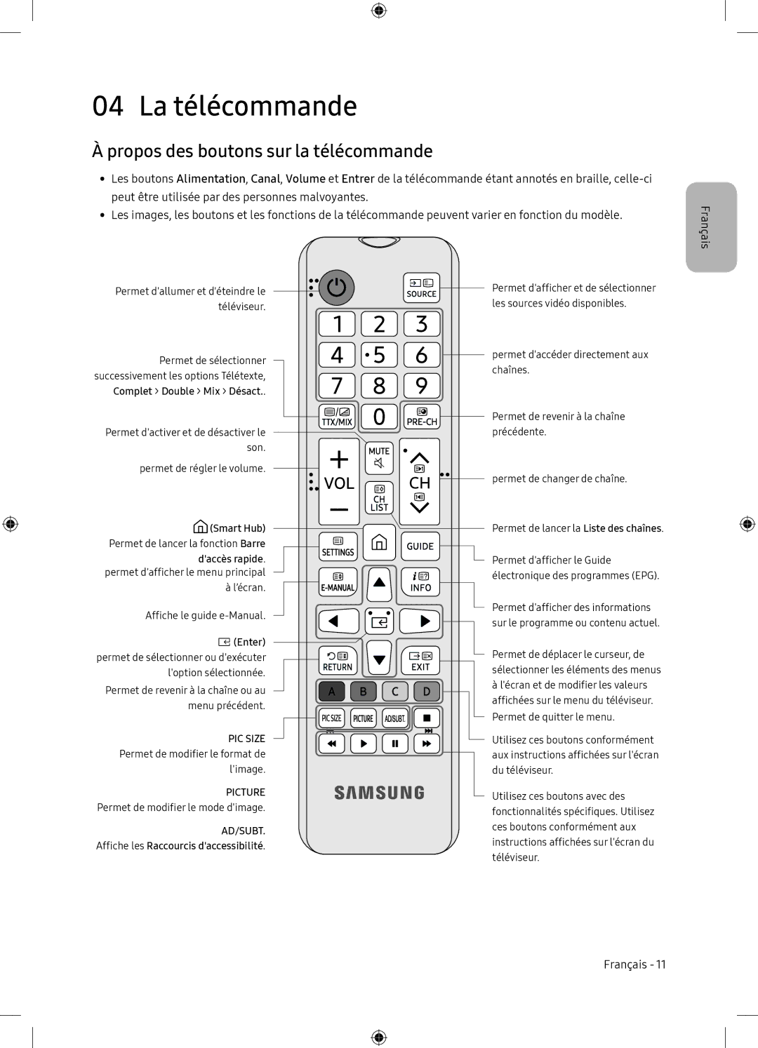 Samsung UE65NU7105KXXC, UE65NU7175UXXC manual La télécommande, Propos des boutons sur la télécommande 