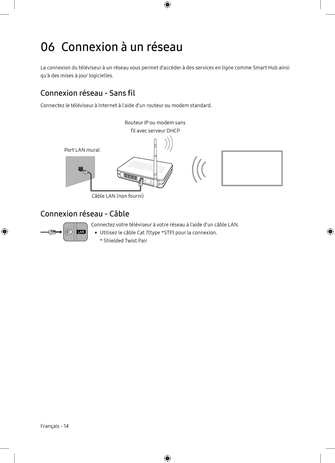 Samsung UE65NU7175UXXC, UE65NU7105KXXC manual Connexion à un réseau, Connexion réseau Sans fil, Connexion réseau Câble 