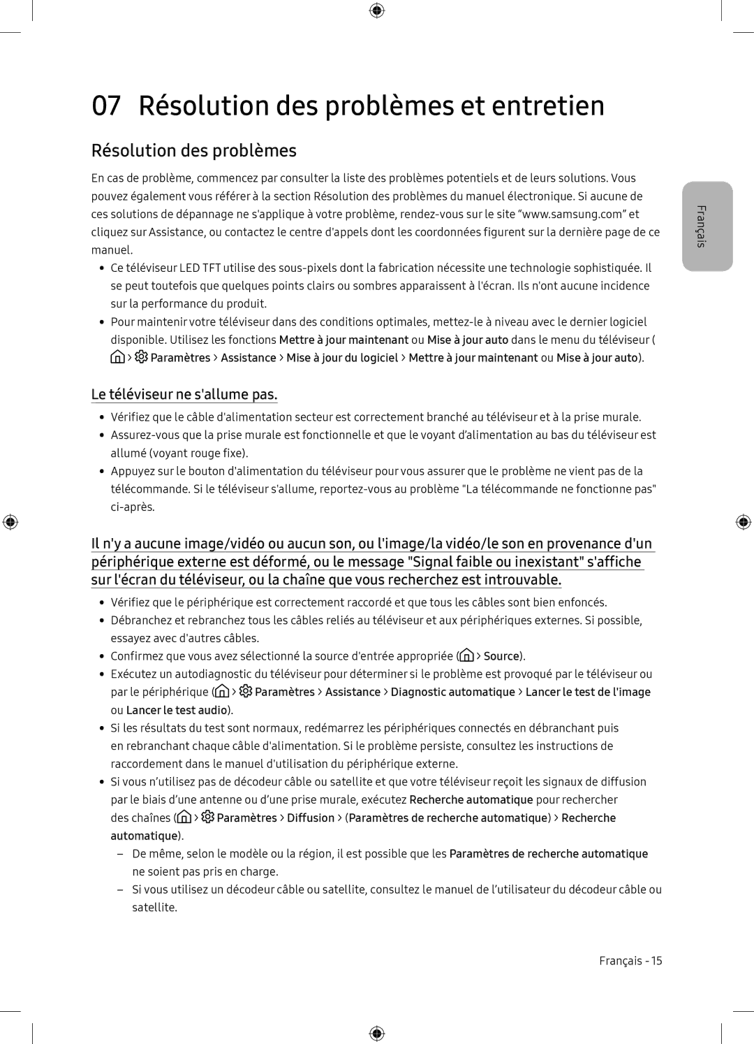 Samsung UE65NU7105KXXC manual 07 Résolution des problèmes et entretien, Le téléviseur ne sallume pas, Par le périphérique 