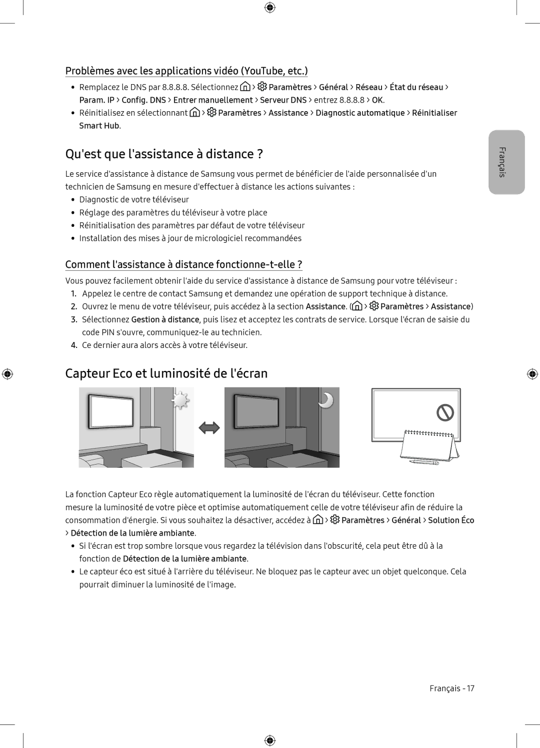 Samsung UE65NU7105KXXC, UE65NU7175UXXC manual Quest que lassistance à distance ?, Capteur Eco et luminosité de lécran 