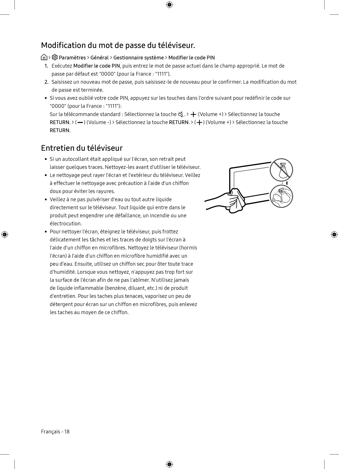 Samsung UE65NU7175UXXC, UE65NU7105KXXC manual Modification du mot de passe du téléviseur, Entretien du téléviseur 