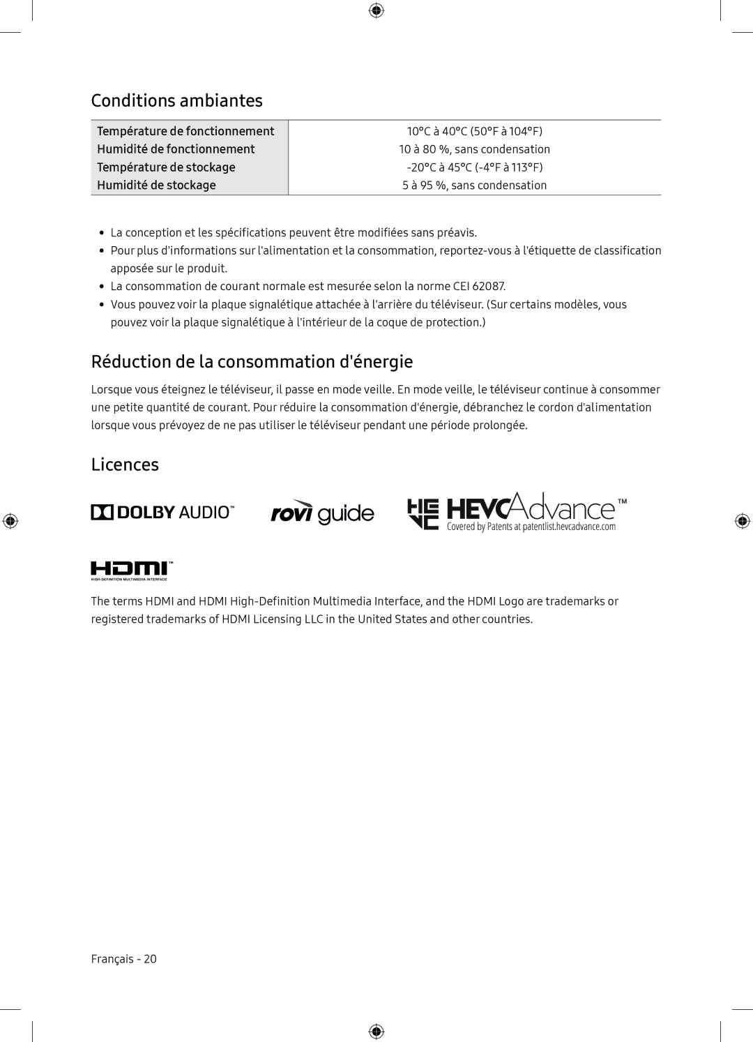 Samsung UE65NU7175UXXC, UE65NU7105KXXC manual Conditions ambiantes, Réduction de la consommation dénergie 