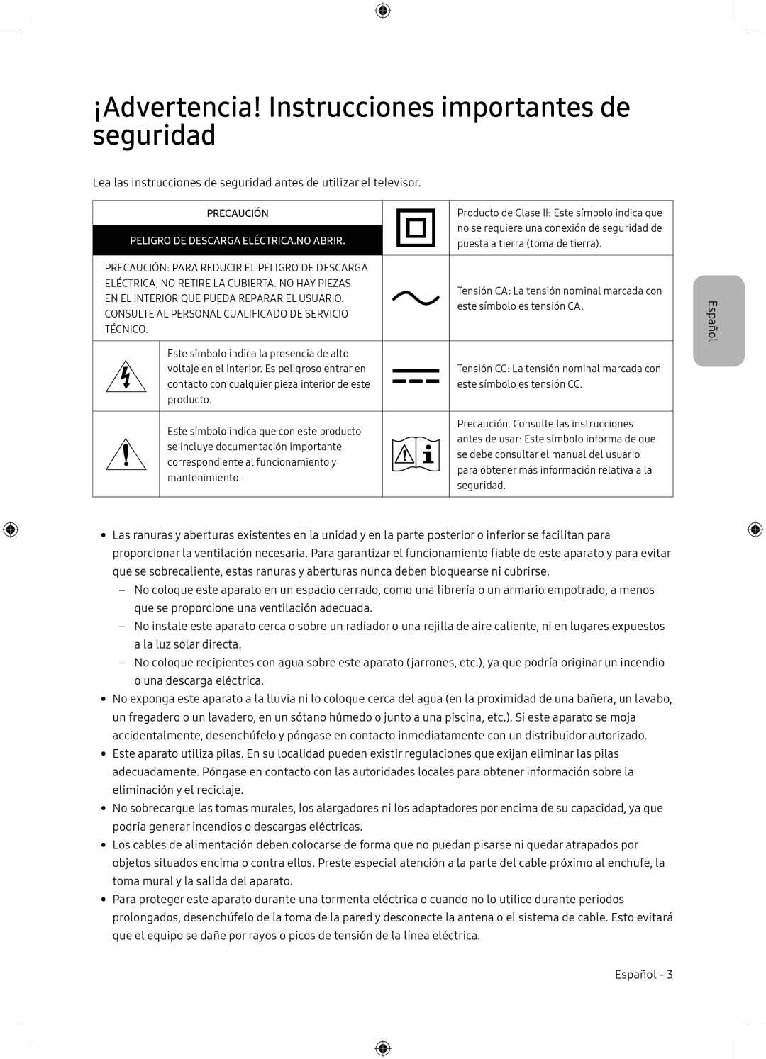 Samsung UE65NU7105KXXC manual ¡Advertencia! Instrucciones importantes de seguridad, Peligro DE Descarga ELÉCTRICA.NO Abrir 