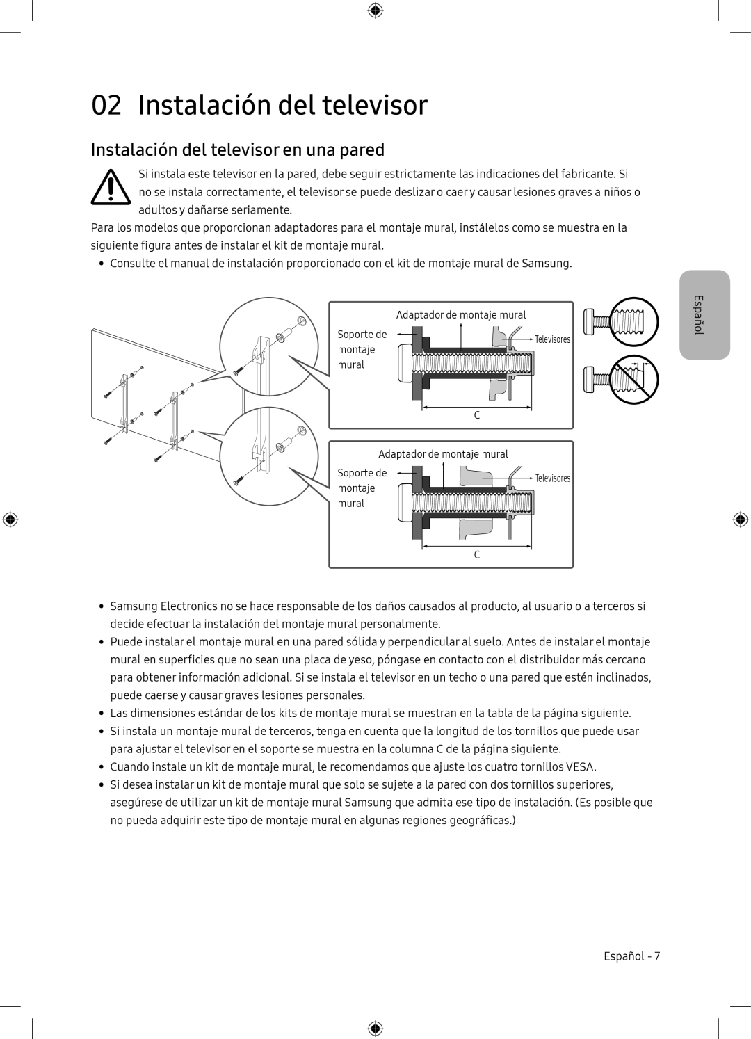 Samsung UE65NU7105KXXC, UE65NU7175UXXC manual Instalación del televisor en una pared 