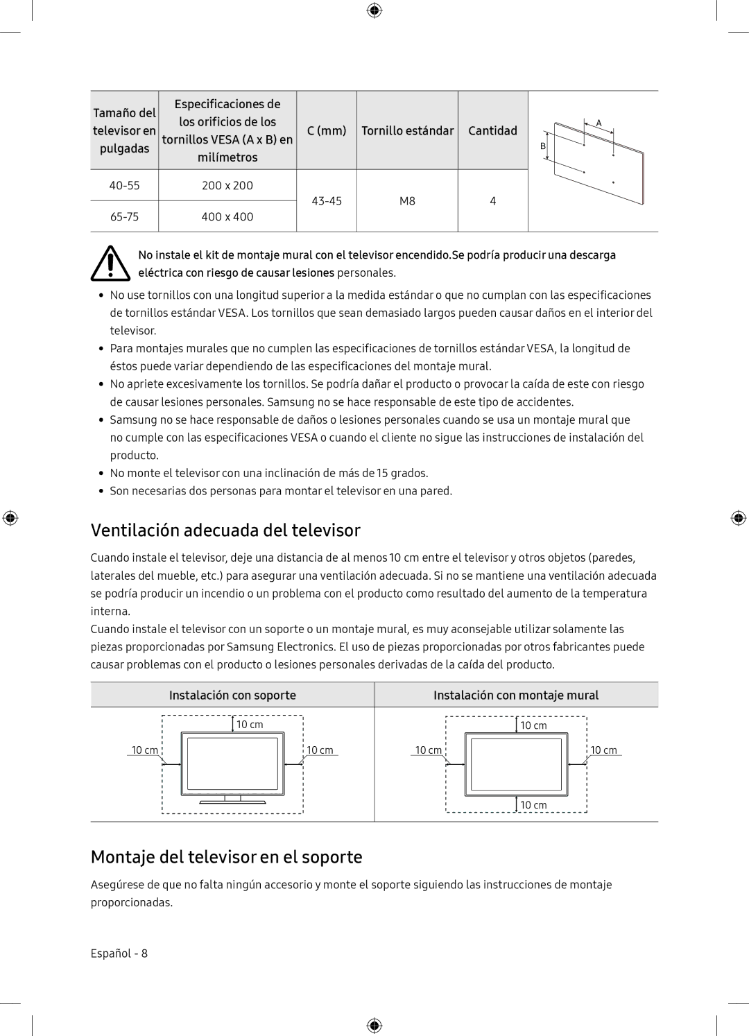 Samsung UE65NU7175UXXC, UE65NU7105KXXC Ventilación adecuada del televisor, Montaje del televisor en el soporte, Cantidad 