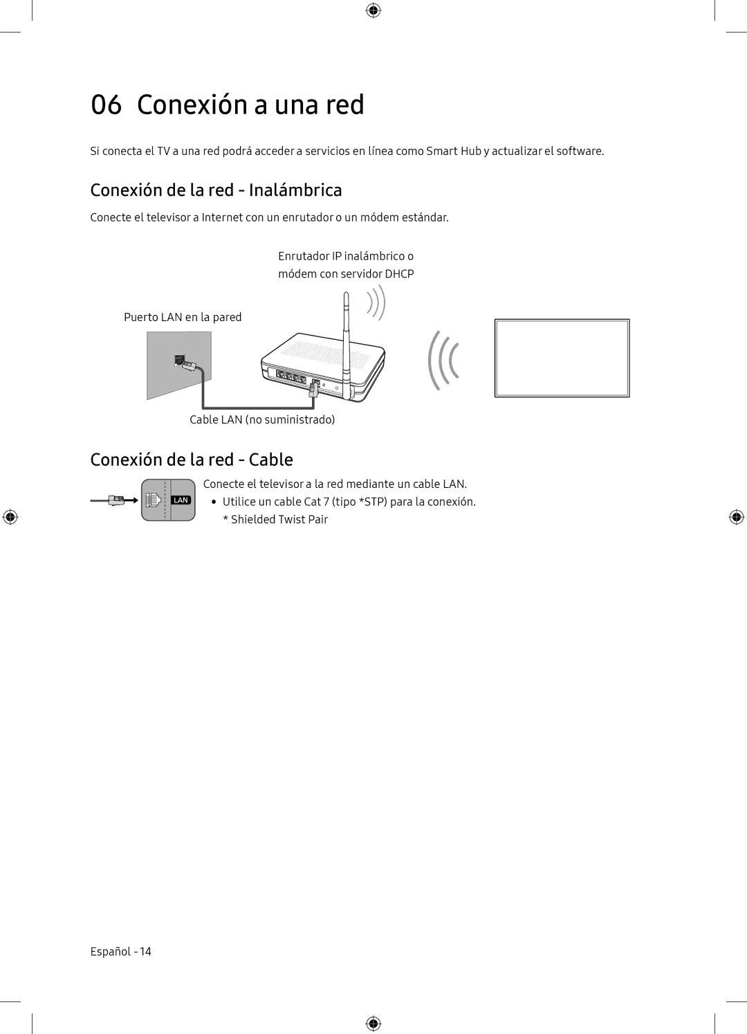 Samsung UE65NU7175UXXC, UE65NU7105KXXC manual Conexión a una red, Conexión de la red Inalámbrica, Conexión de la red Cable 