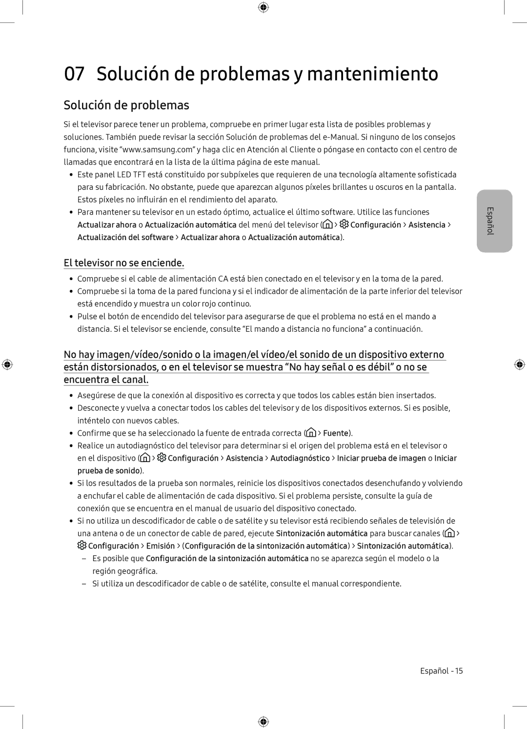 Samsung UE65NU7105KXXC manual Solución de problemas y mantenimiento, El televisor no se enciende, Prueba de sonido 