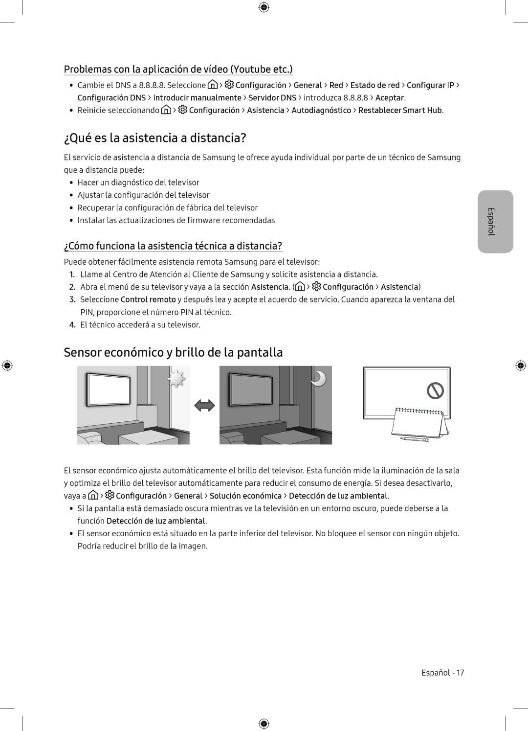 Samsung UE65NU7105KXXC, UE65NU7175UXXC manual ¿Qué es la asistencia a distancia?, Sensor económico y brillo de la pantalla 