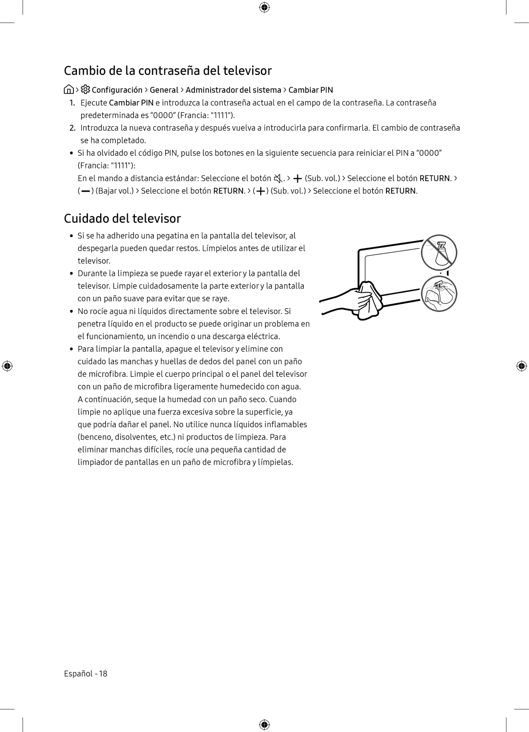 Samsung UE65NU7175UXXC, UE65NU7105KXXC manual Cambio de la contraseña del televisor, Cuidado del televisor 